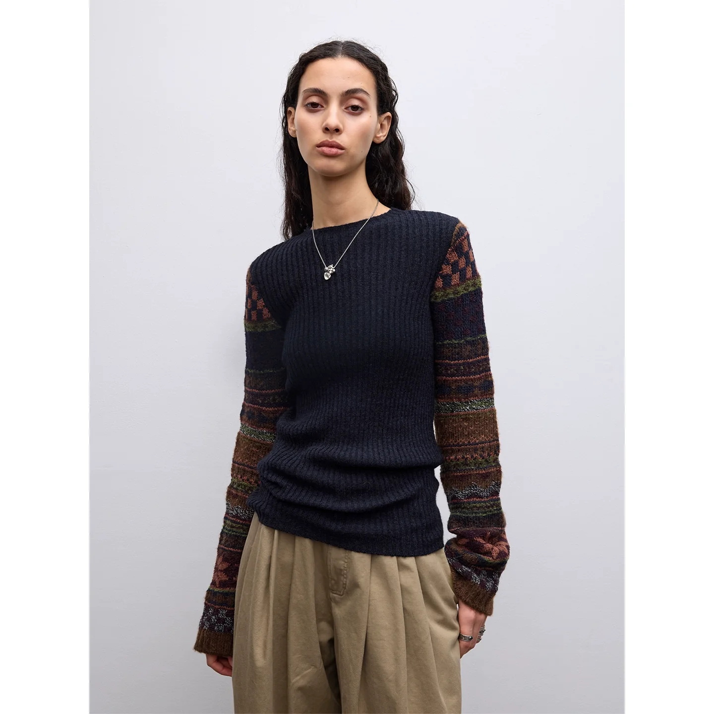 Ribbed Jacquard-Sleeve Sweater - Image 4
