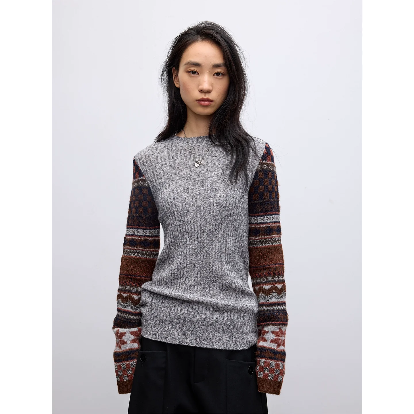 Ribbed Jacquard-Sleeve Sweater - Image 5