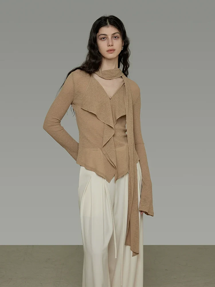 Ribbed Scarf-Tie V-Neck Sweater