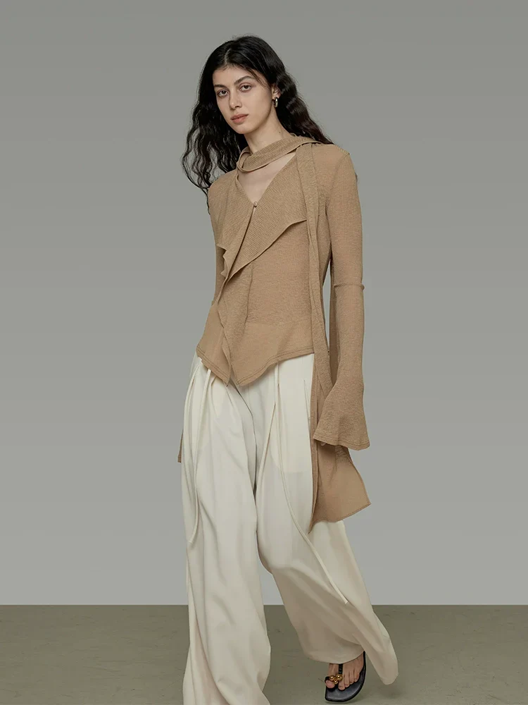 Ribbed Scarf-Tie V-Neck Sweater - Image 2