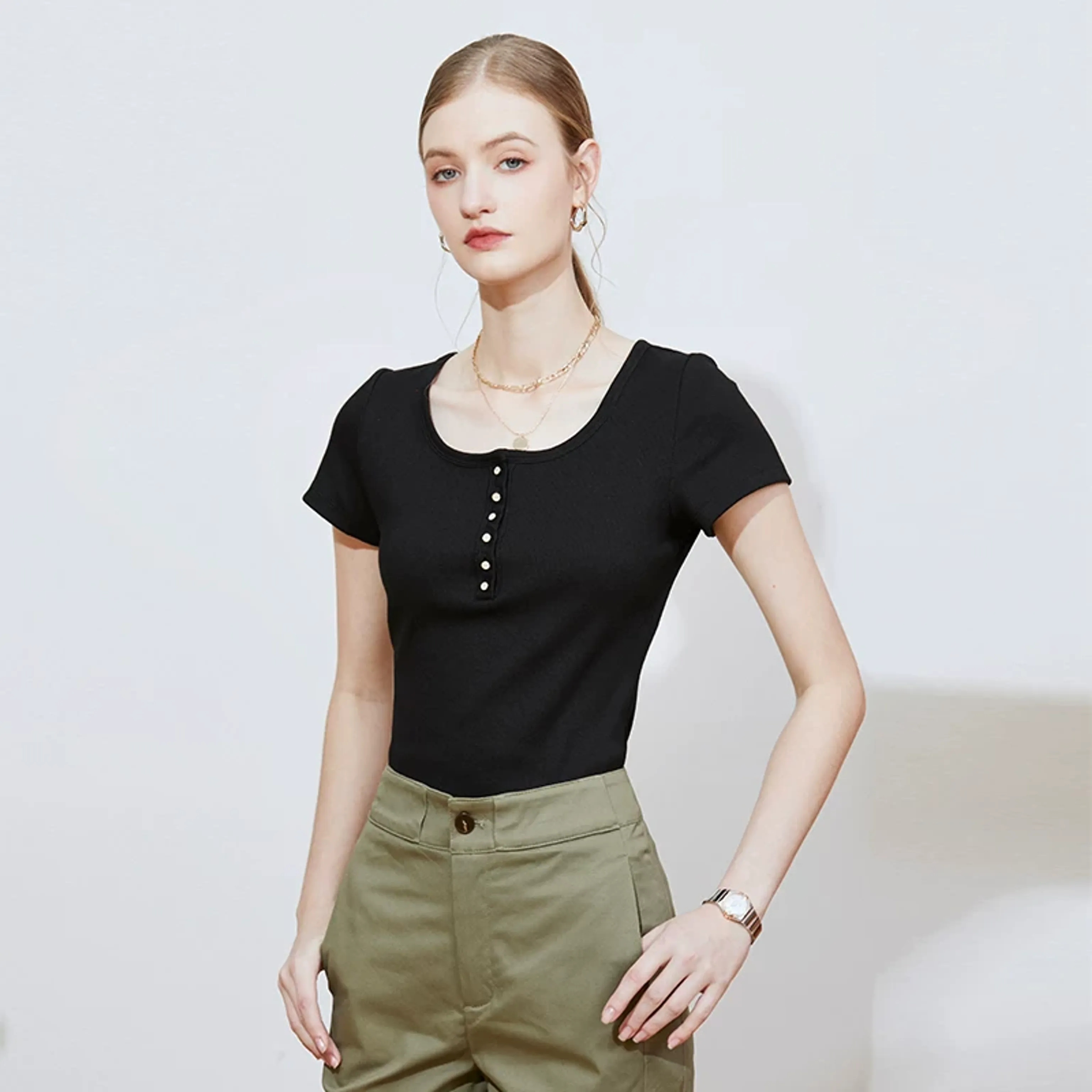 Ribbed Scoop-Neck Henley Top - Image 4