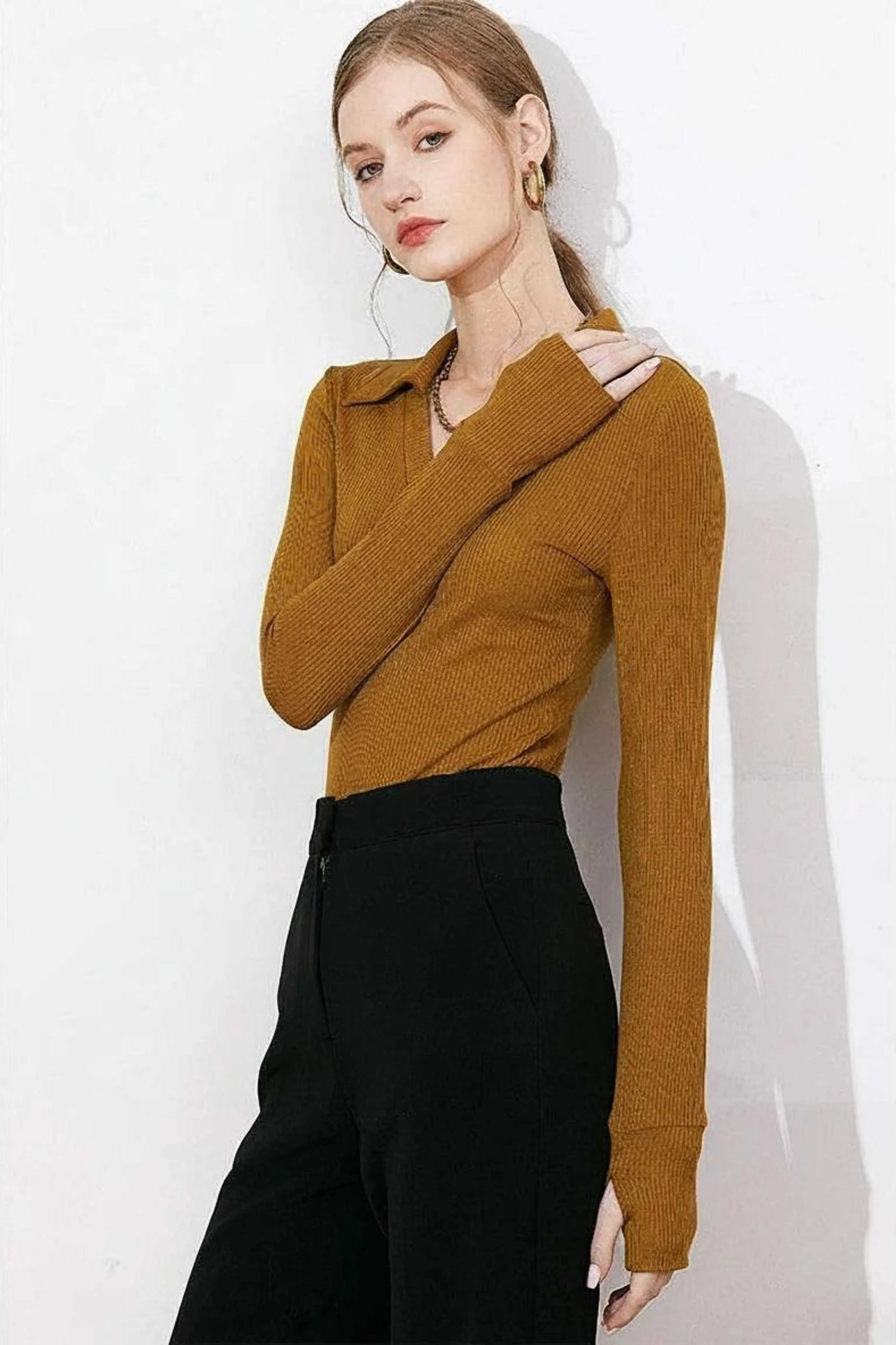 Ribbed V-Neck Polo Top