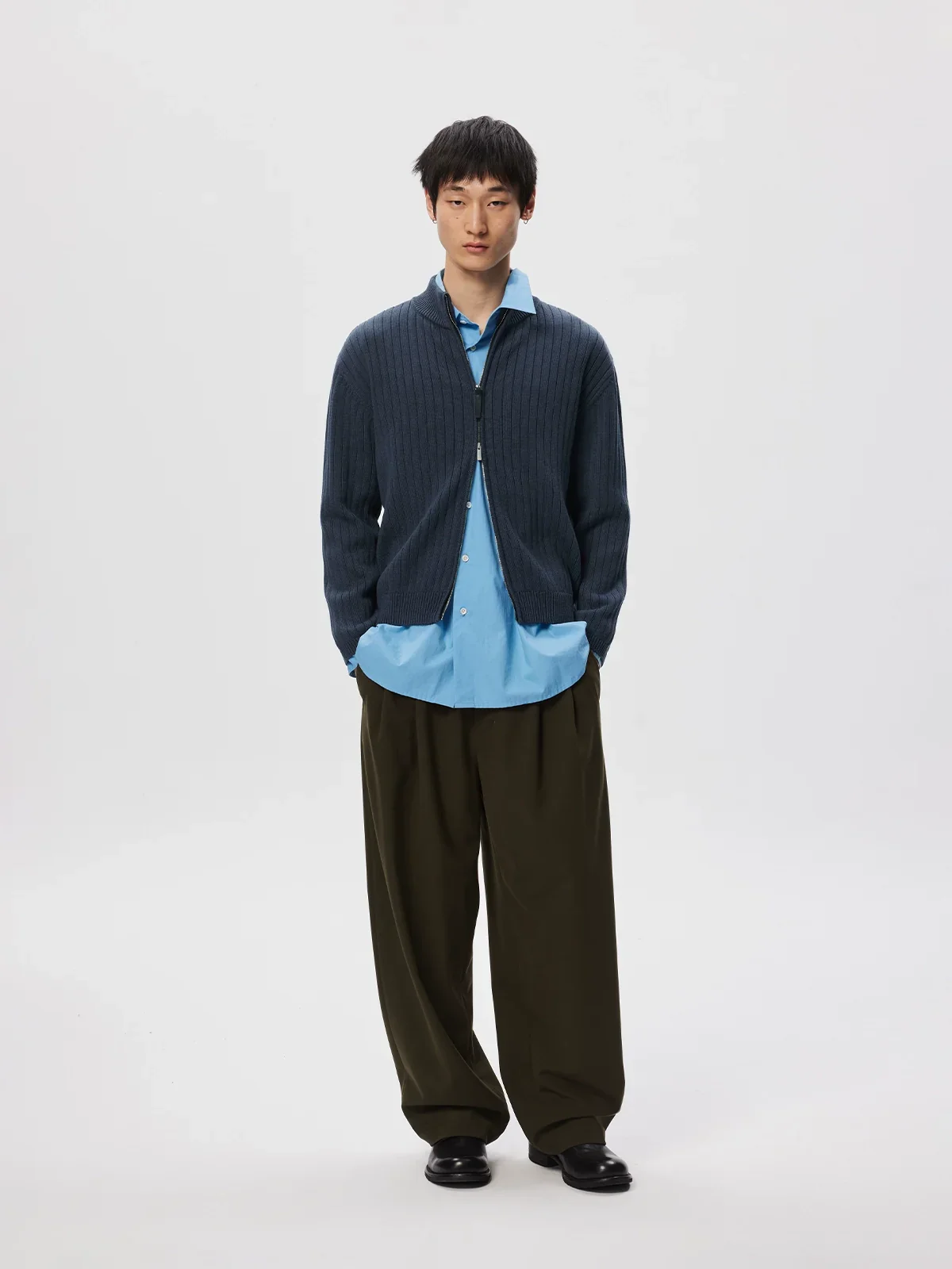 Ribbed Wool-Cotton Zip Cardigan