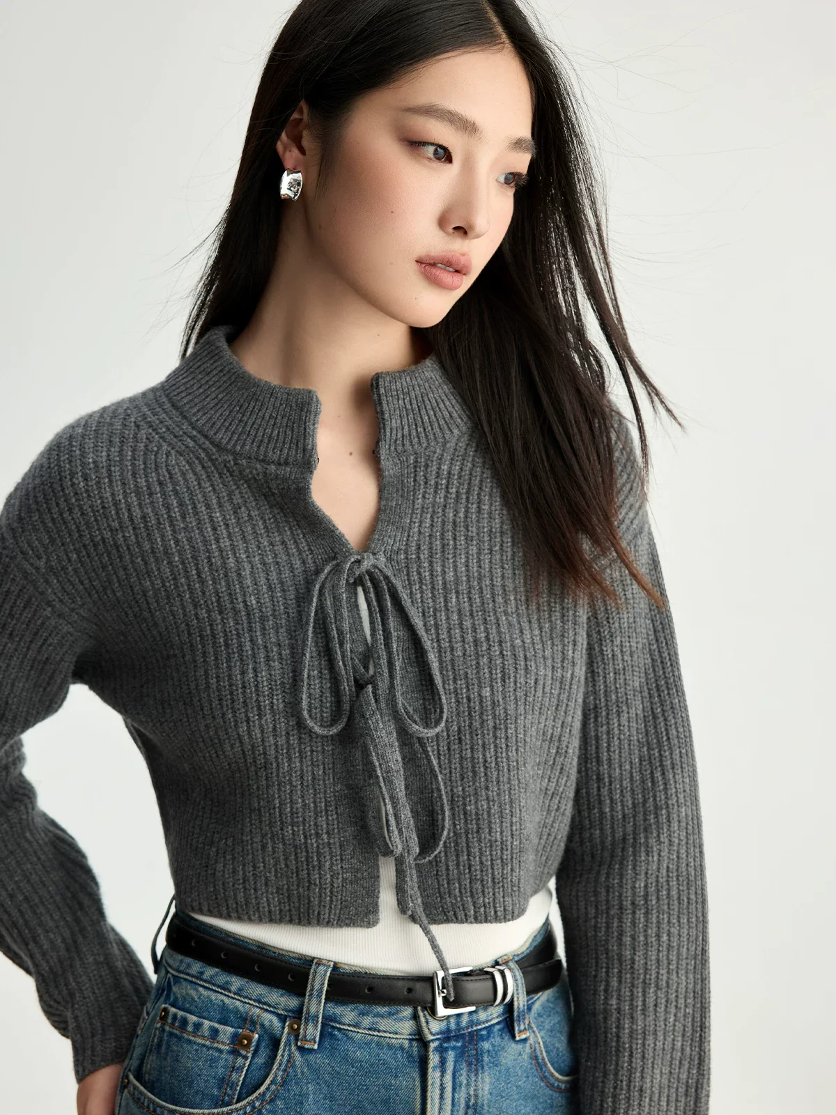 Ribbed Wool Tie-Front Crop Top