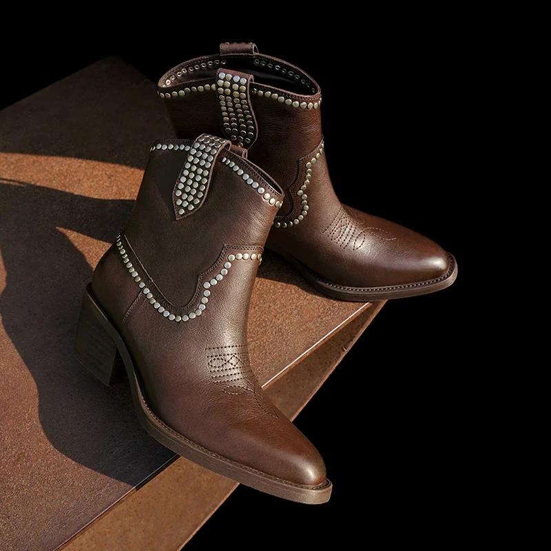 Rivet Embroidery Leather Ankle Boots - Image 2