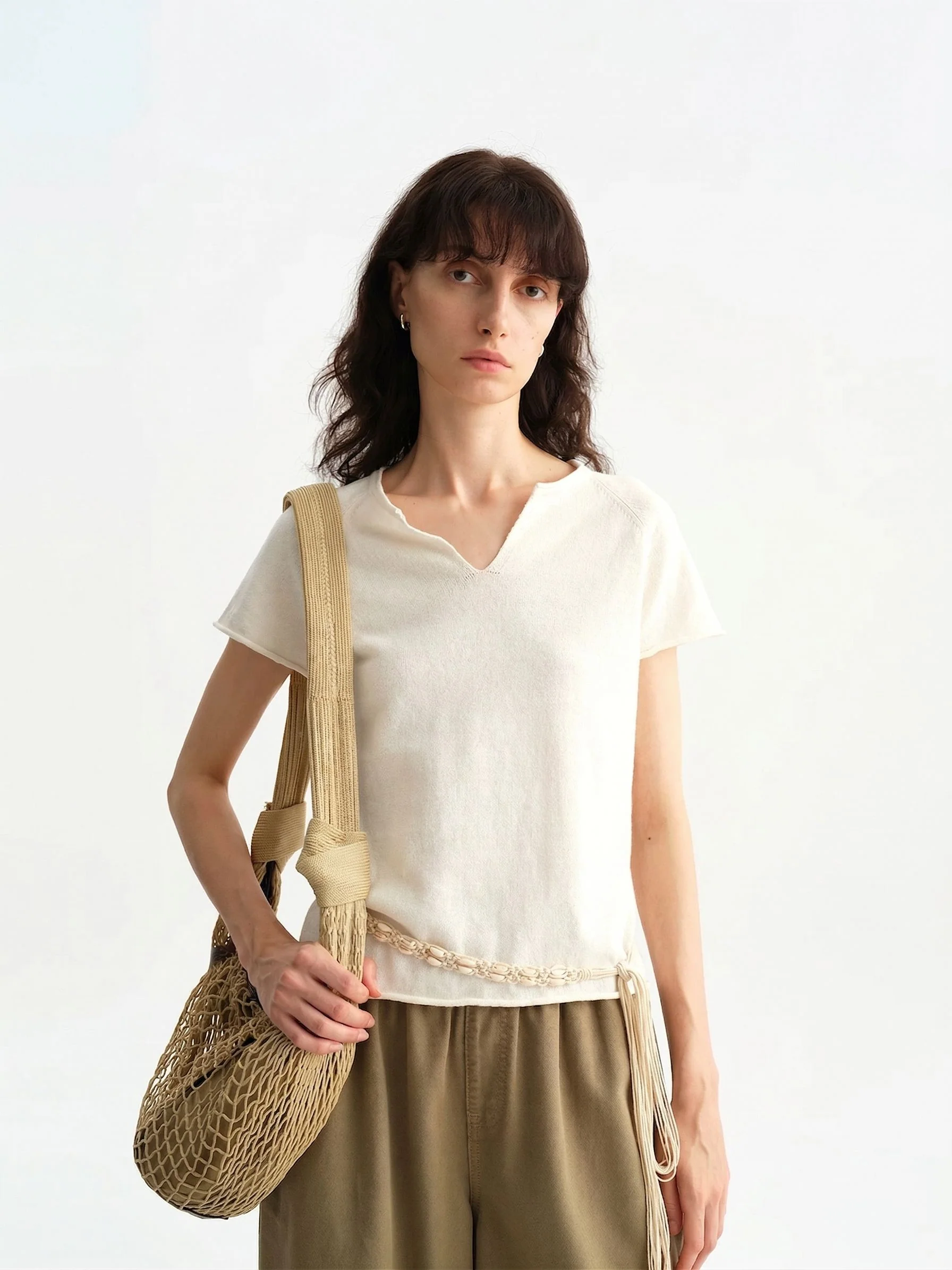 Rolled Edge V-Neck Knit Top