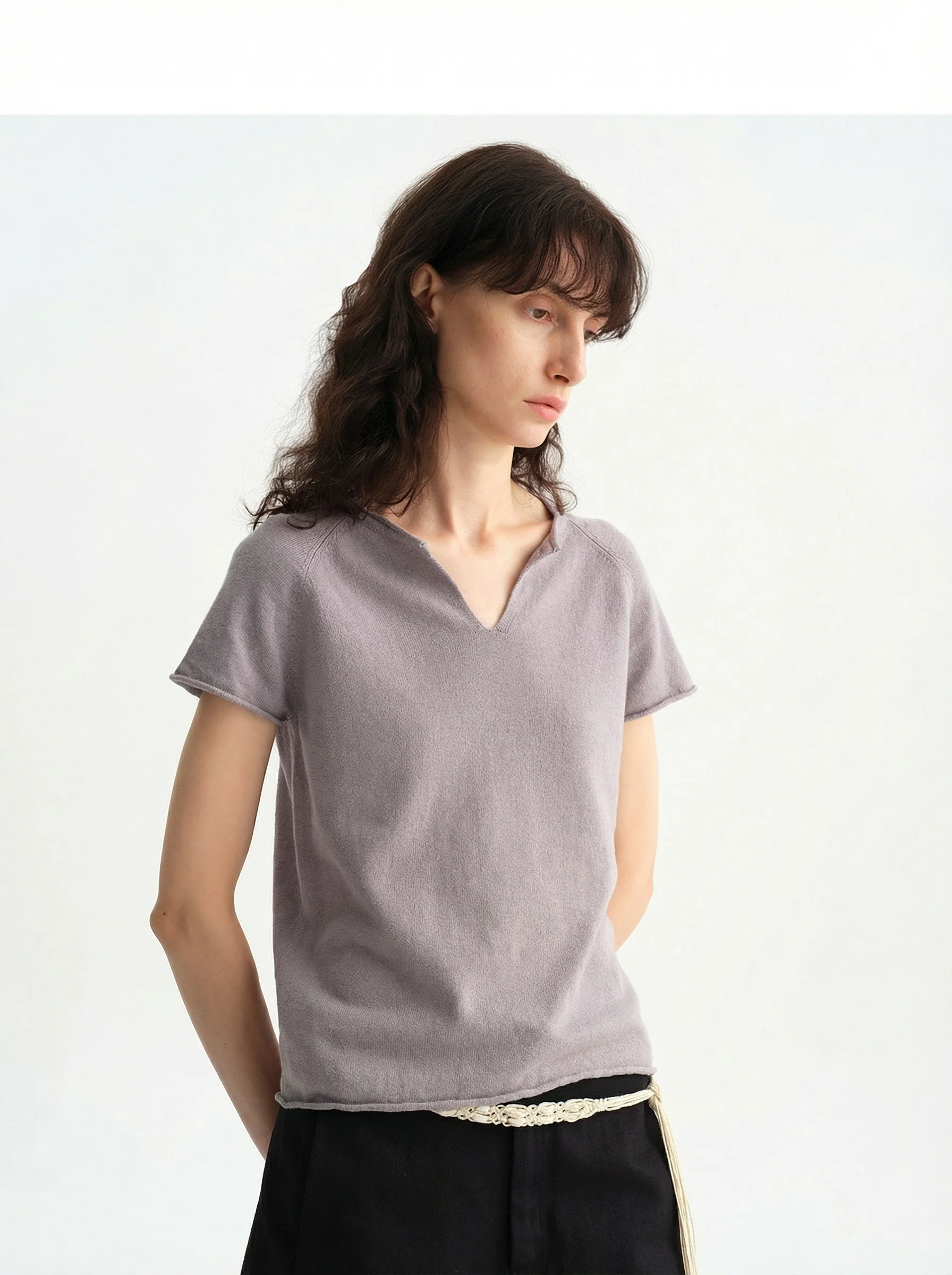 Rolled Edge V-Neck Knit Top - Image 5