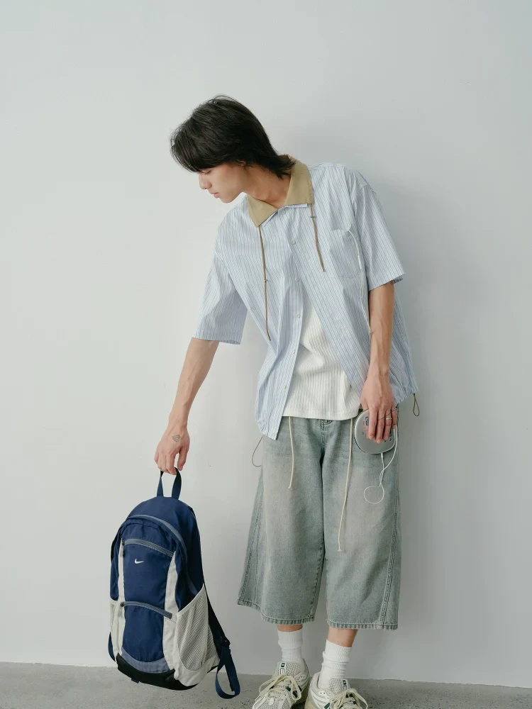 Rope Drawstring Cropped Denim Pants - Image 2