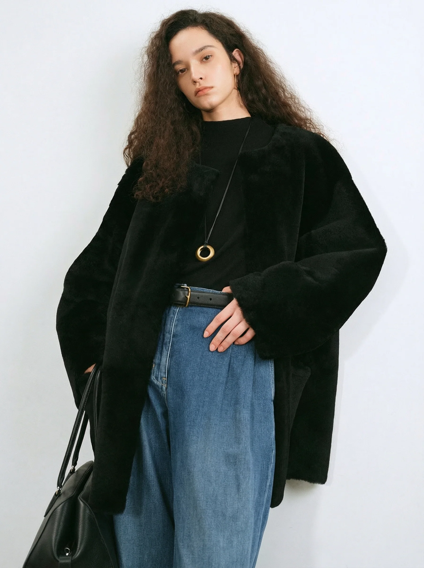 Round-Neck Merino Shearling Coat