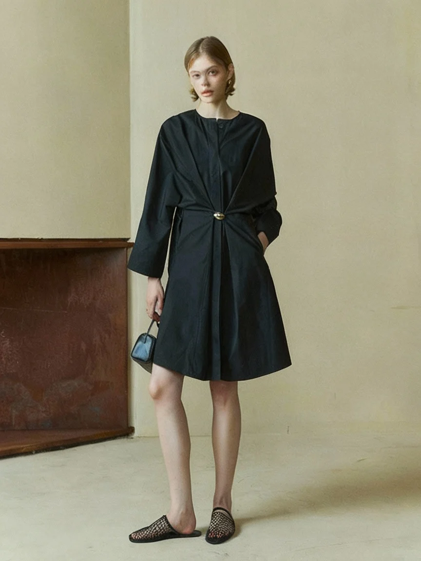 Round-Neck Metal-Clasp Shirt Dress