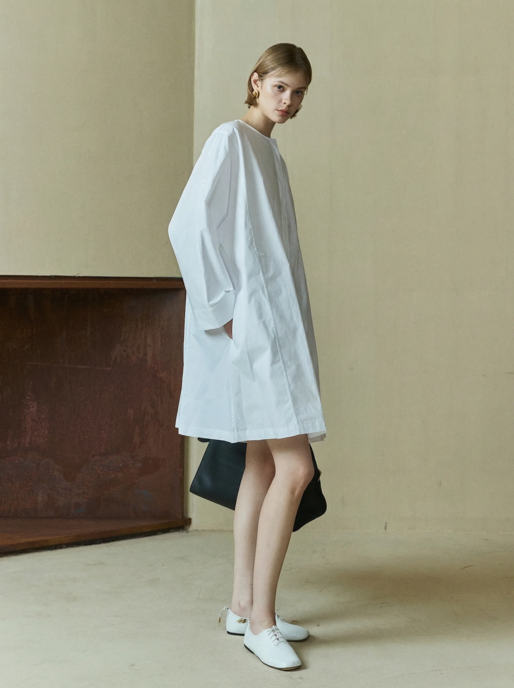 Round-Neck Metal-Clasp Shirt Dress - Image 2