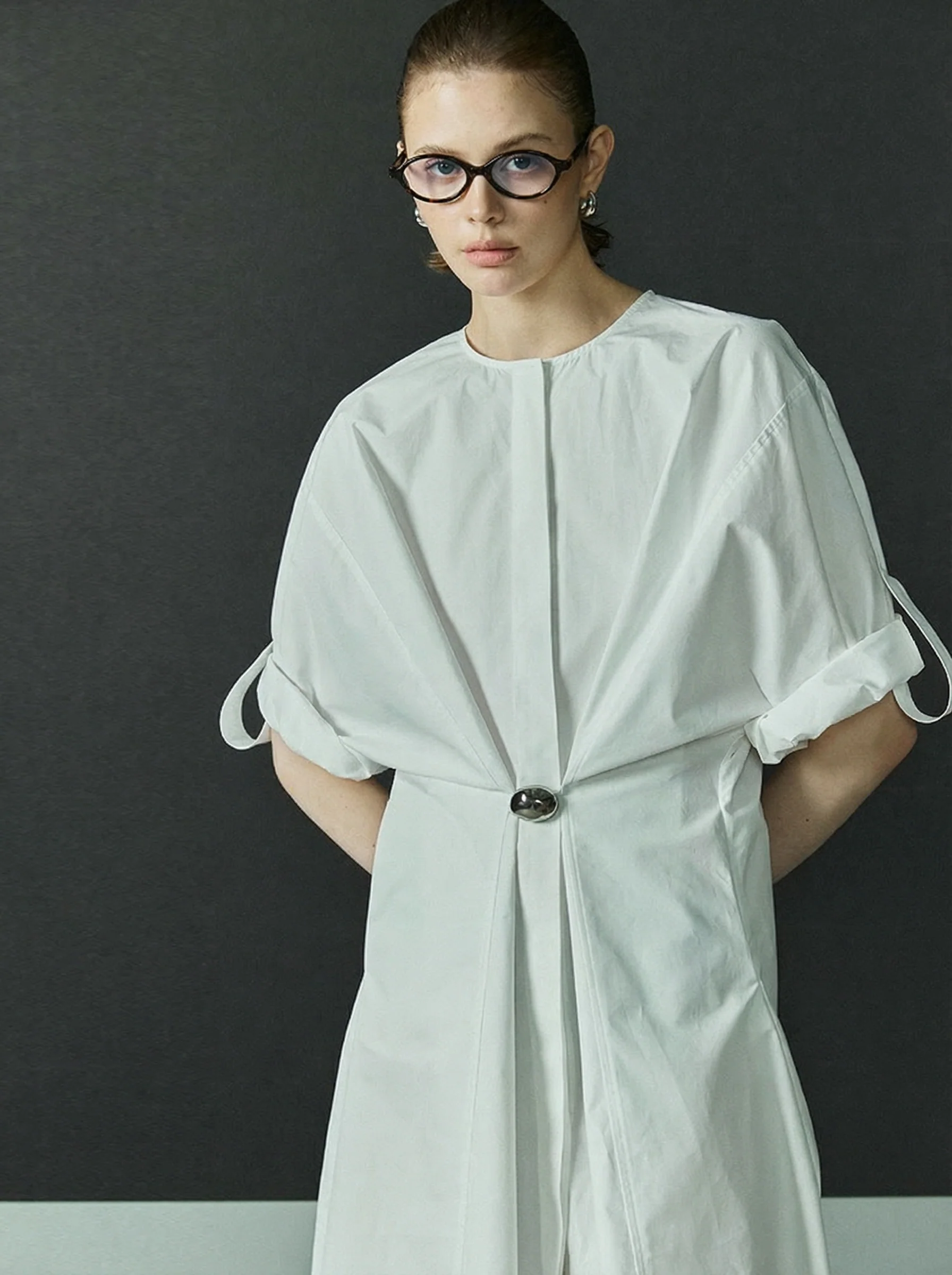 Round-Neck Metal-Clasp Shirt Dress - Image 3