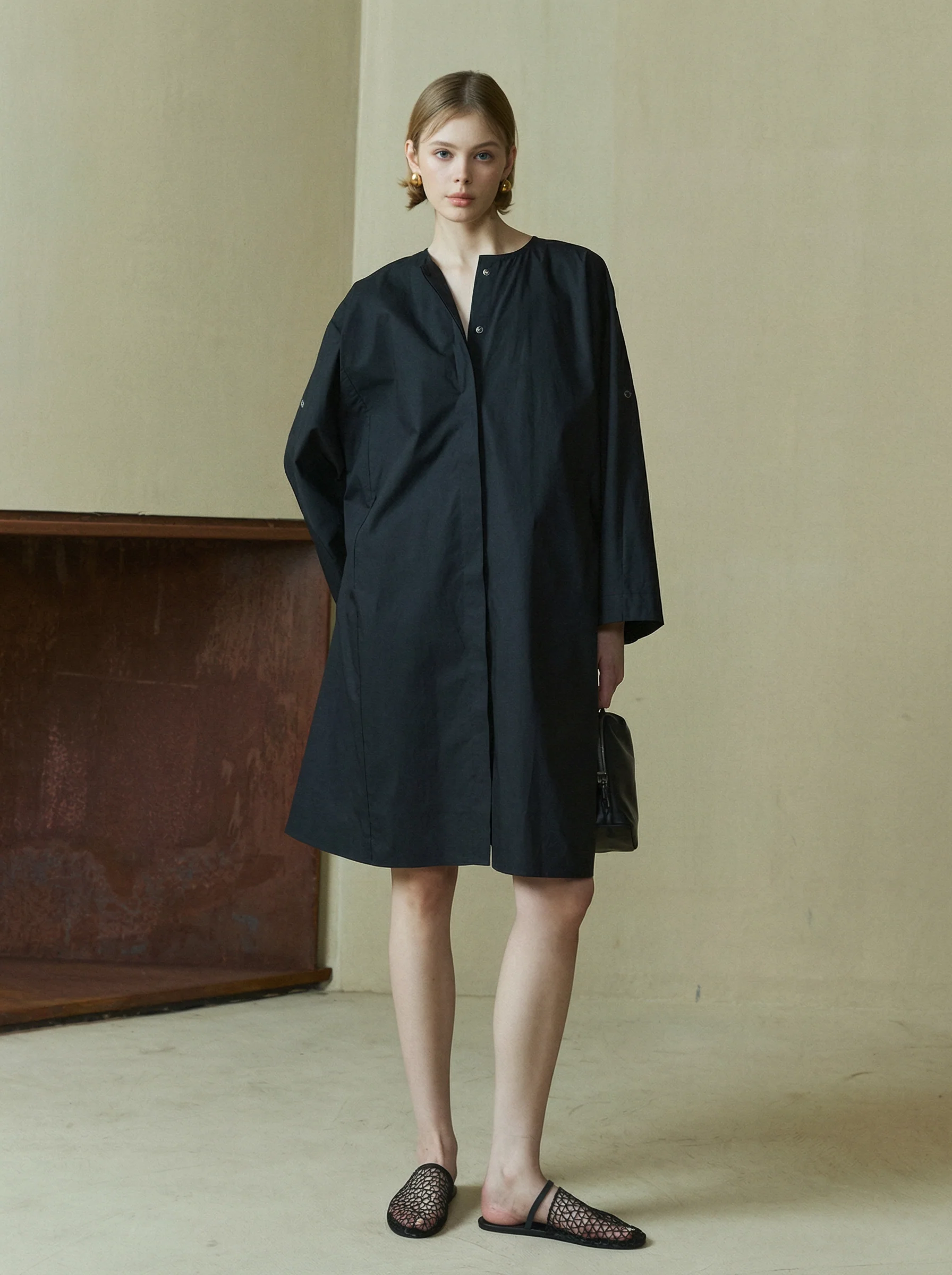 Round-Neck Metal-Clasp Shirt Dress - Image 4
