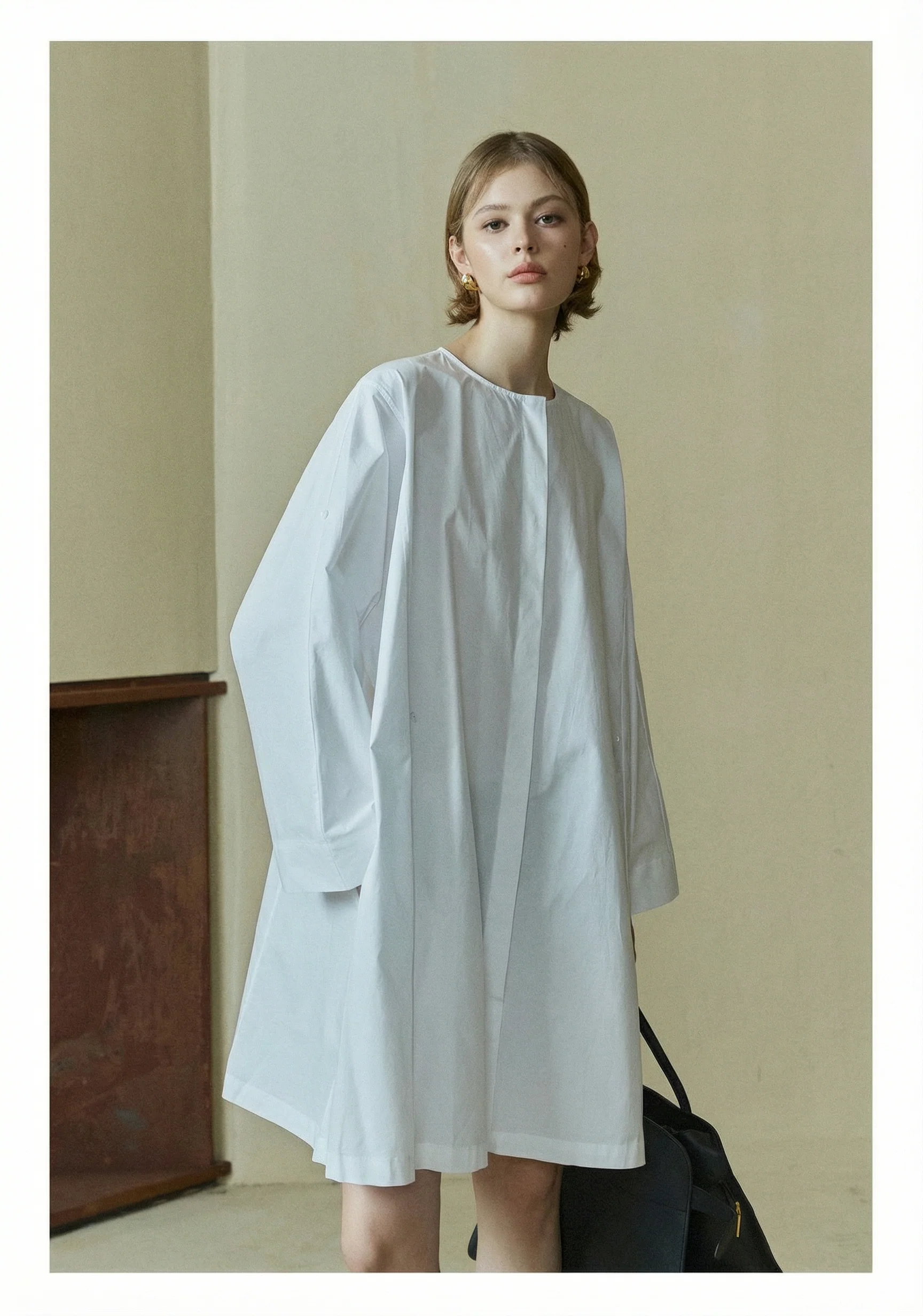 Round-Neck Metal-Clasp Shirt Dress - Image 5