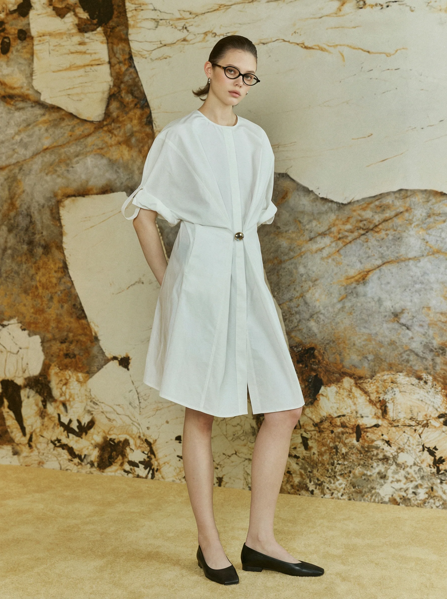 Round-Neck Metal-Clasp Shirt Dress - Image 6