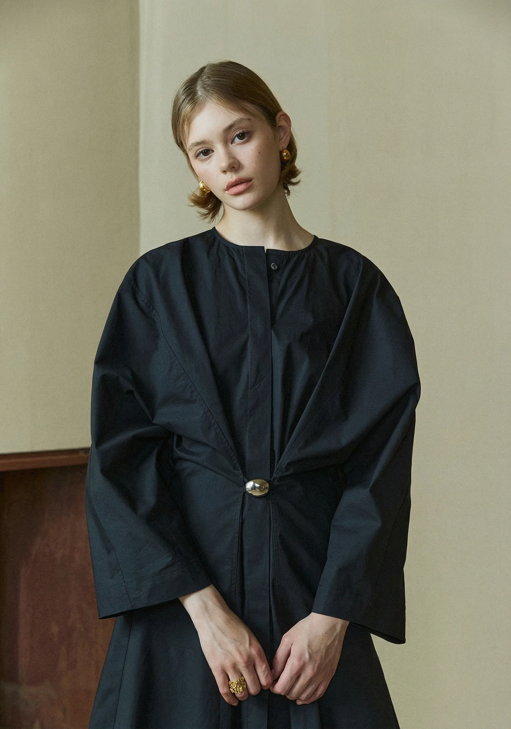 Round-Neck Metal-Clasp Shirt Dress - Image 7