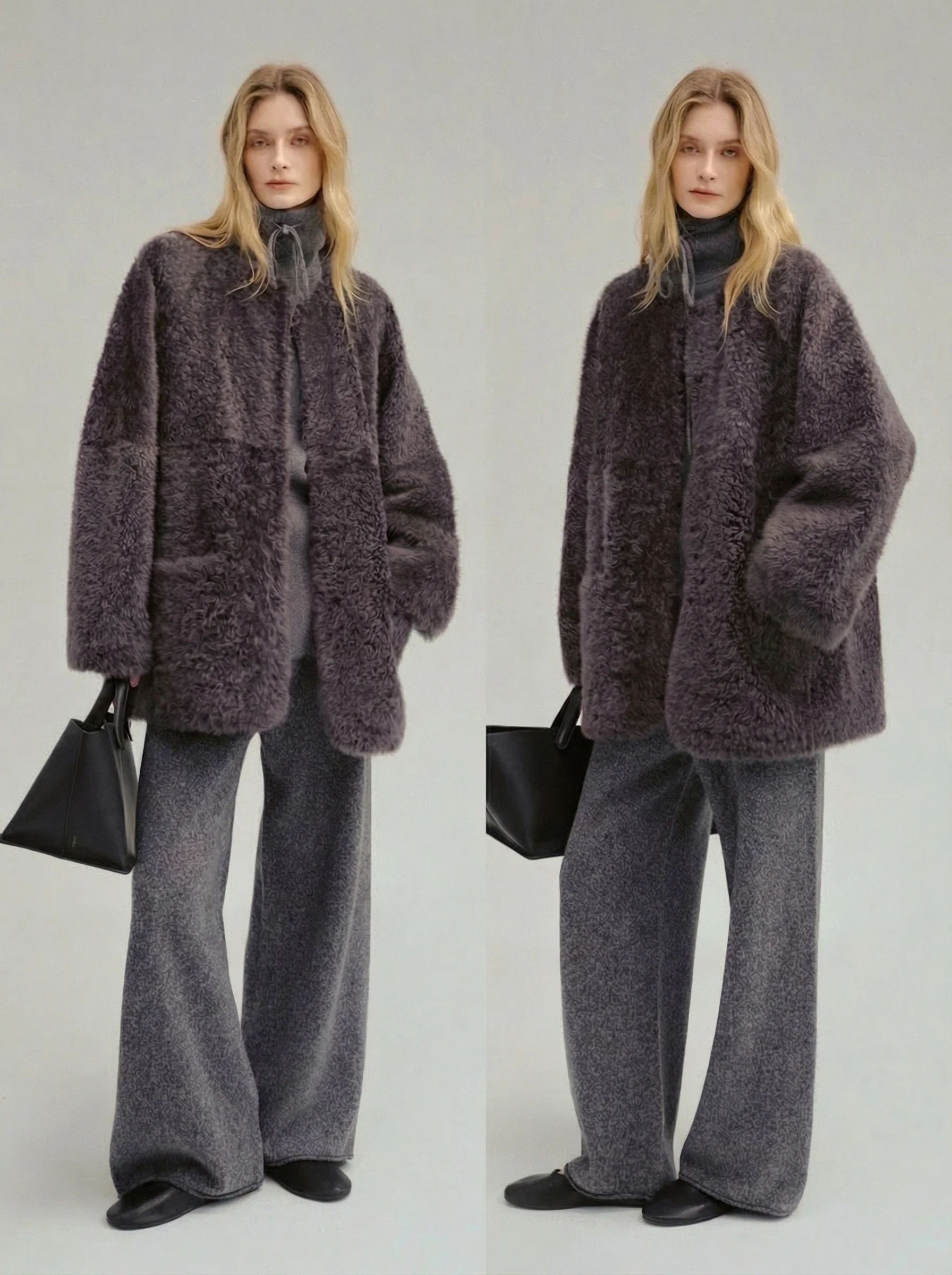 Round-Neck Mid-Length Shearling Coat - Image 2