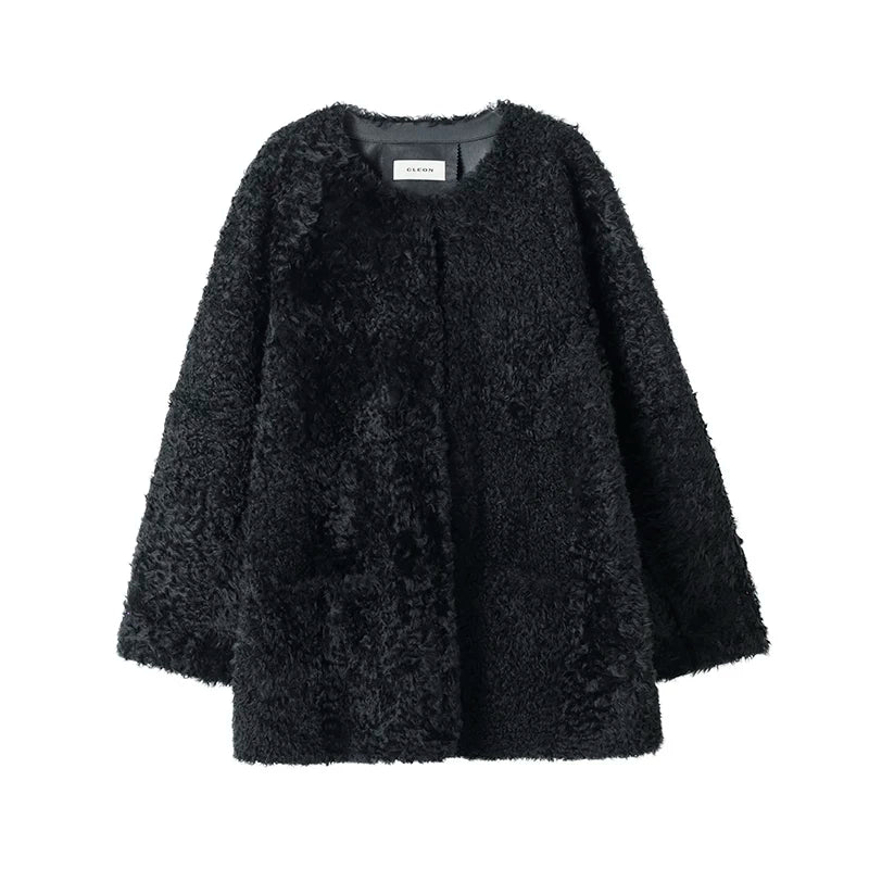 Round-Neck Mid-Length Shearling Coat - Image 5