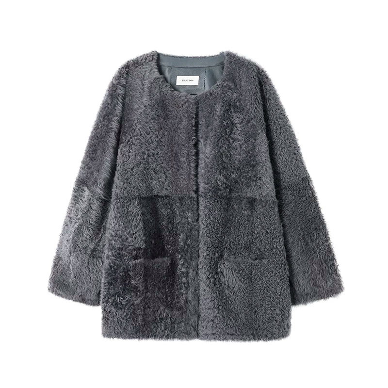 Round-Neck Mid-Length Shearling Coat - Image 7