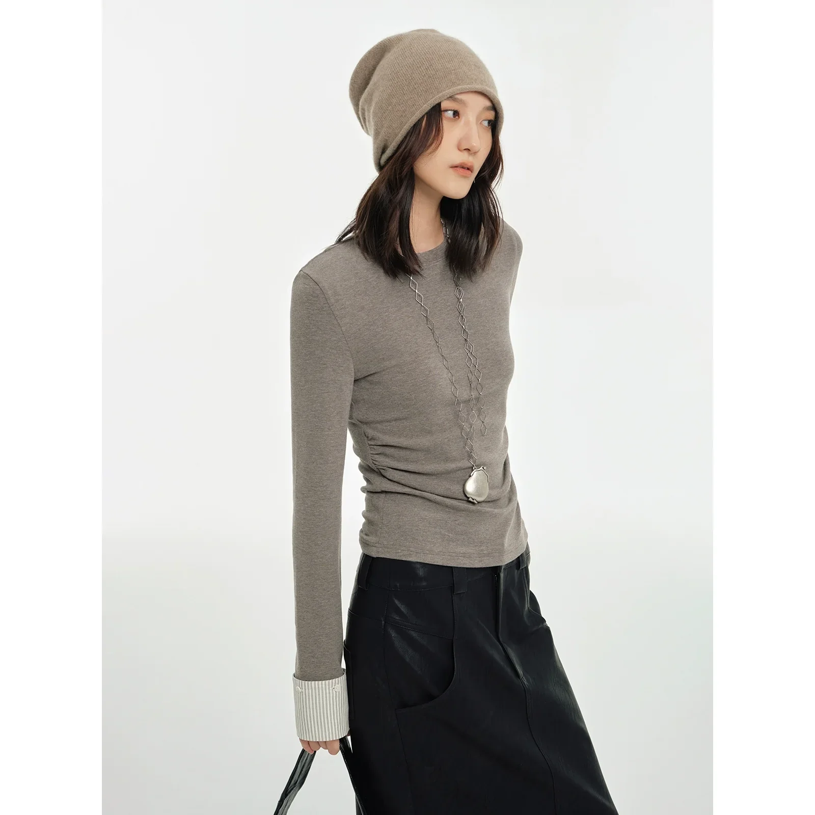 Ruched Crewneck Top with Detachable Cuffs - Image 2