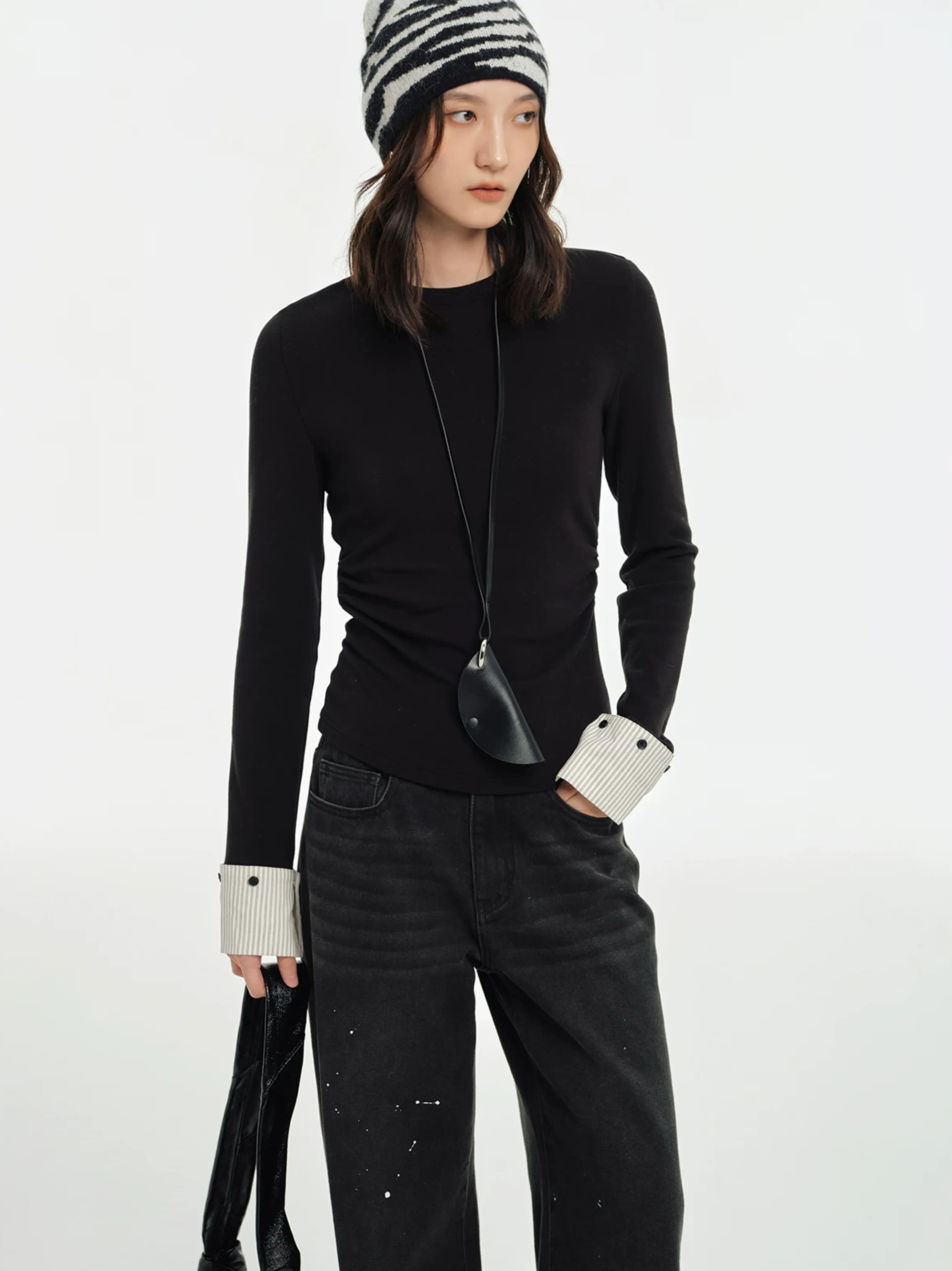 Ruched Crewneck Top with Detachable Cuffs - Image 4