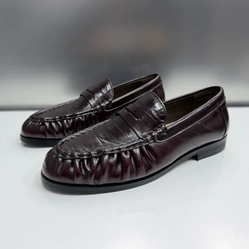 Ruched Crocodile Leather Penny Loafers - Image 5