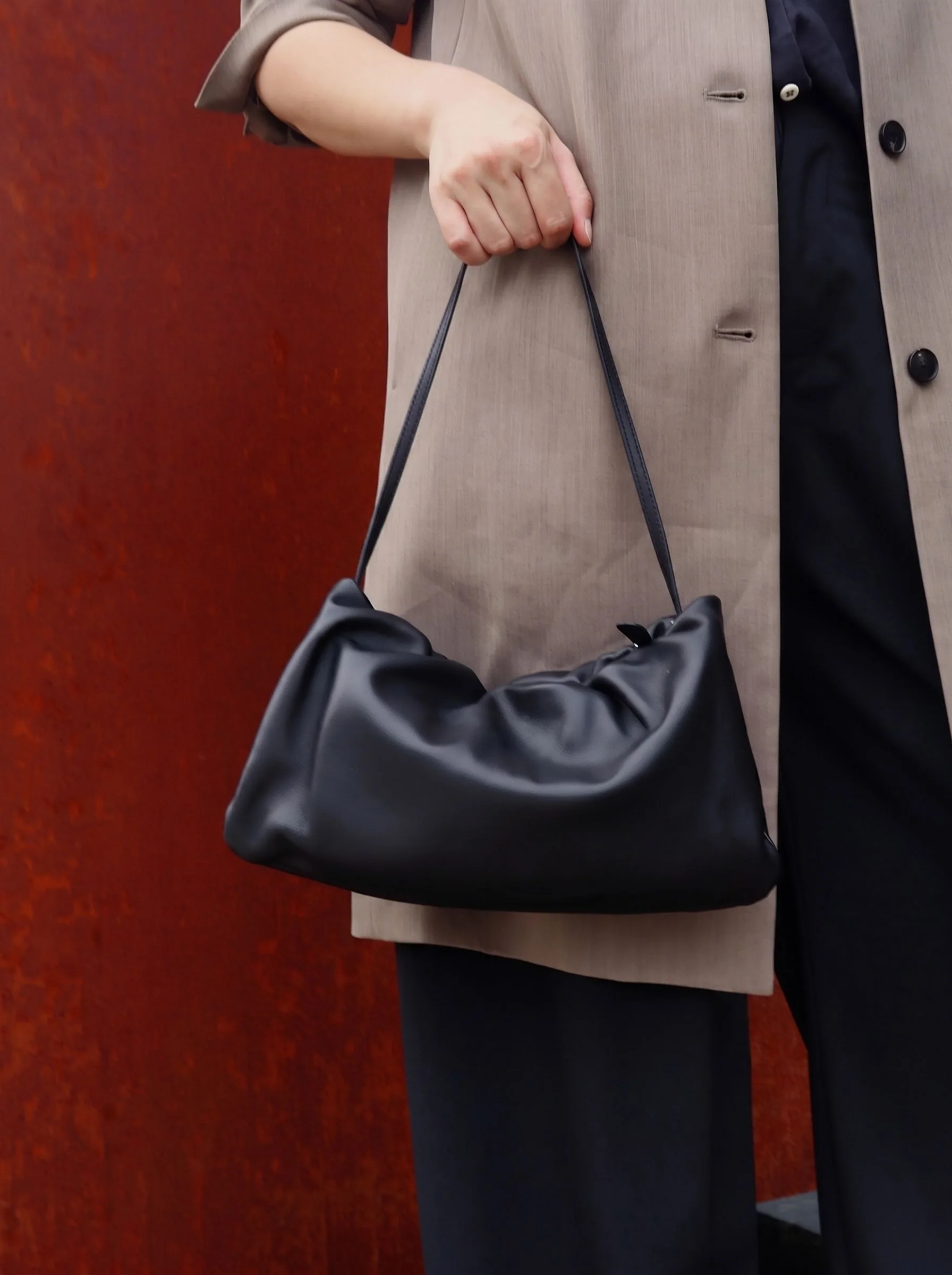 Ruched Leather Shoulder Bag