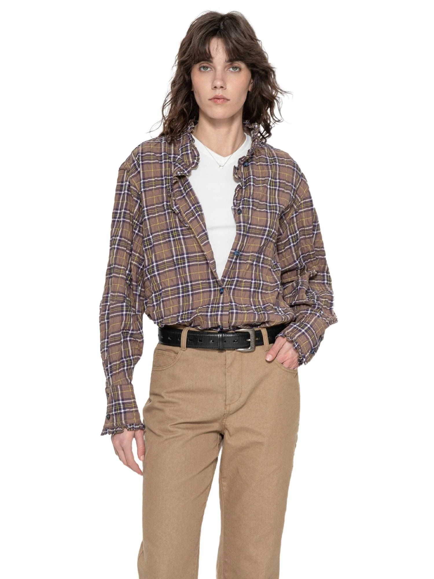 Ruffle Collar Plaid Shirt