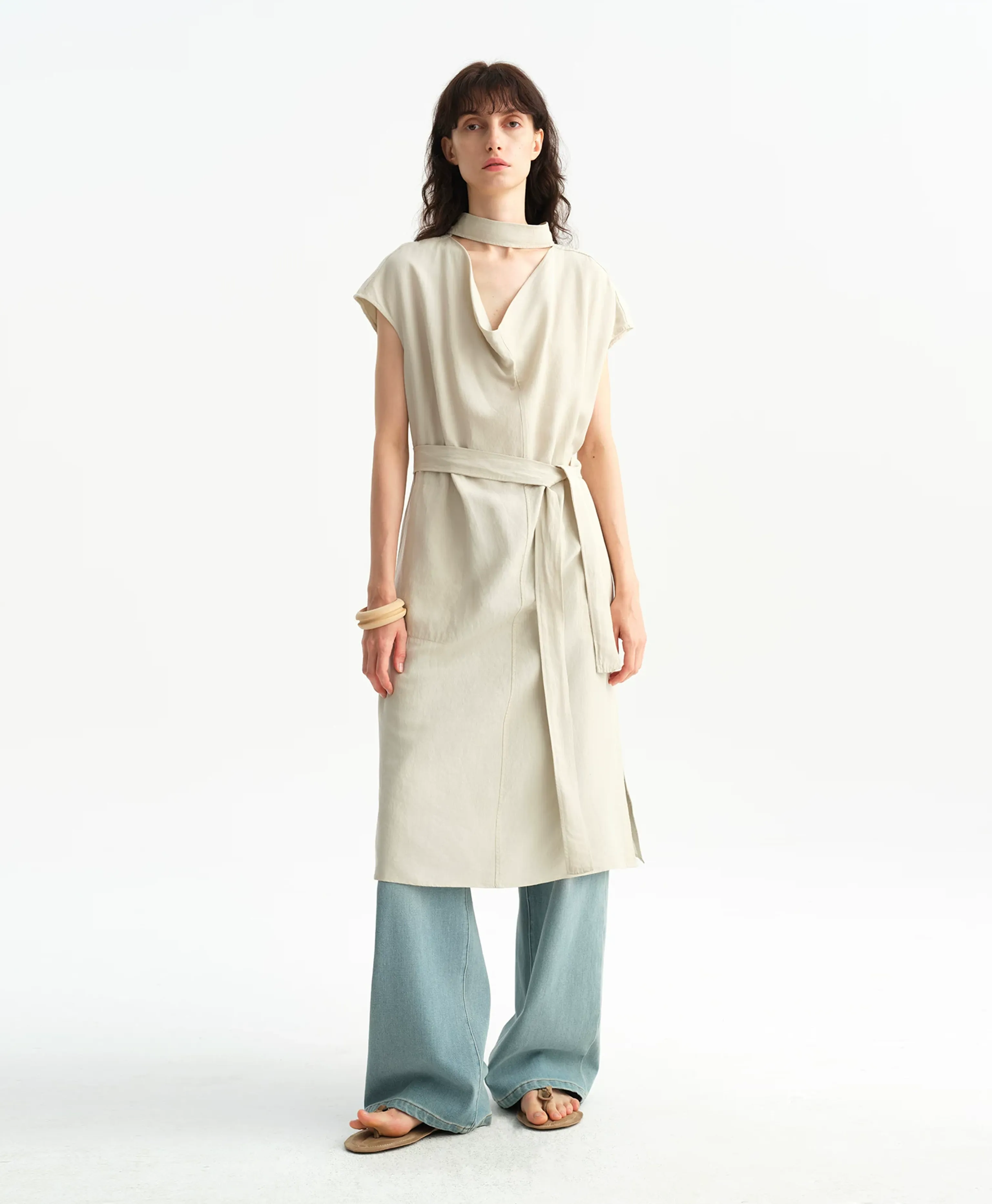 Sage Tencel Draped Neck Midi Dress - Image 2