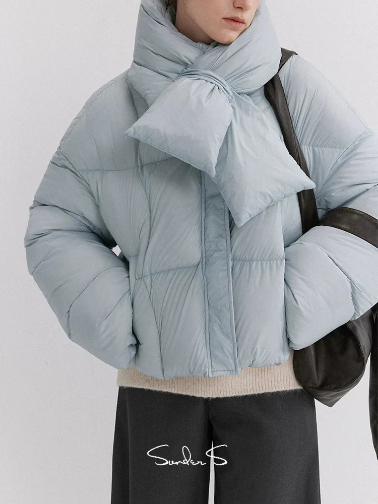 Scarf-Collar Cropped Down Jacket - Image 3