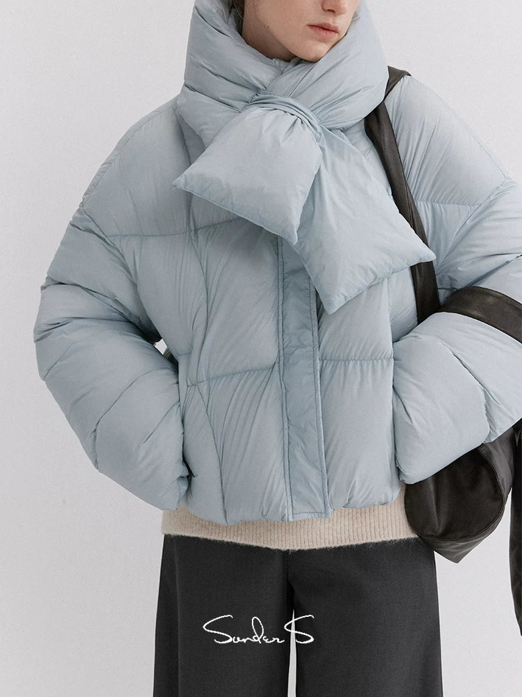 Scarf-Collar Cropped Down Jacket - Image 4
