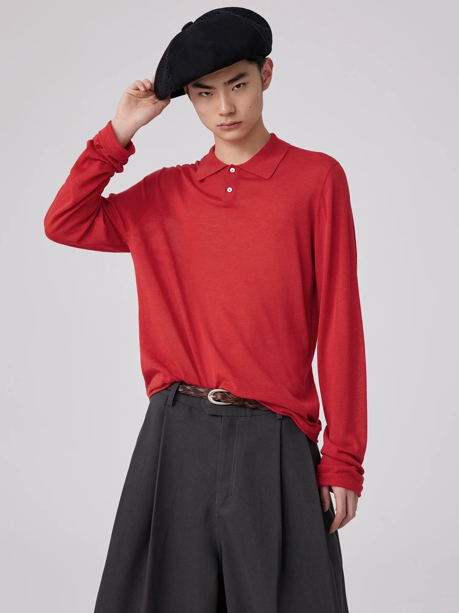 Semi-Sheer Fine-Knit Long-Sleeve Polo