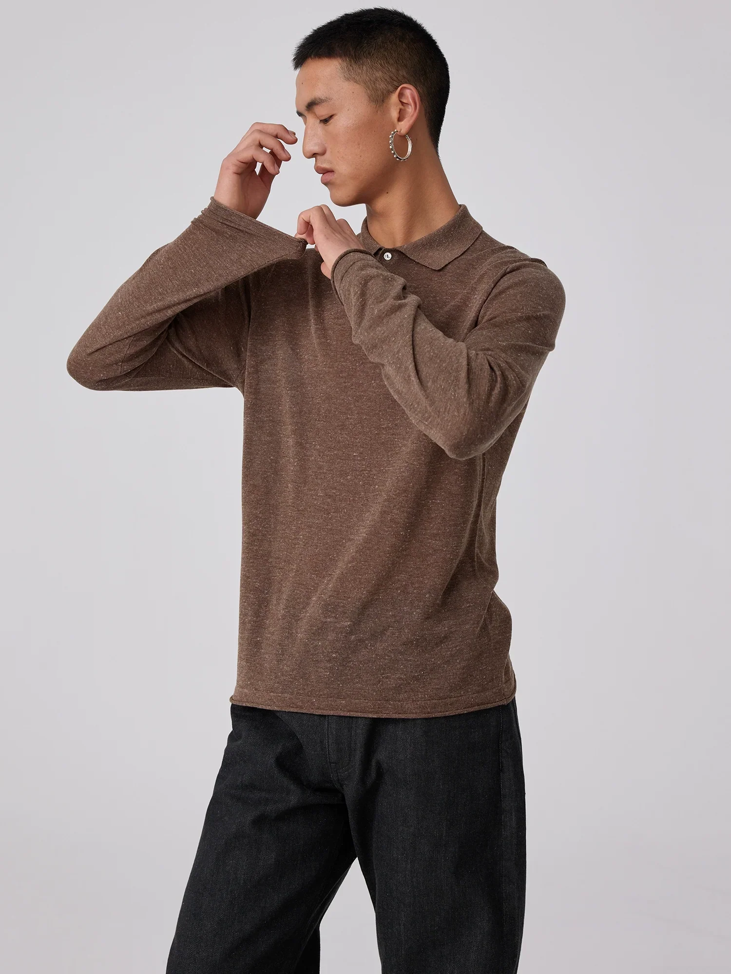 Semi-Sheer Fine-Knit Long-Sleeve Polo - Image 3