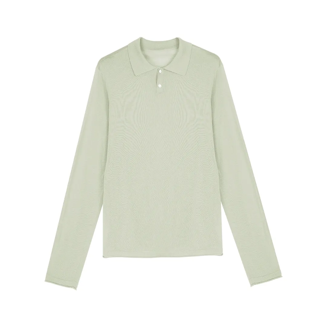 Semi-Sheer Fine-Knit Long-Sleeve Polo - Image 6