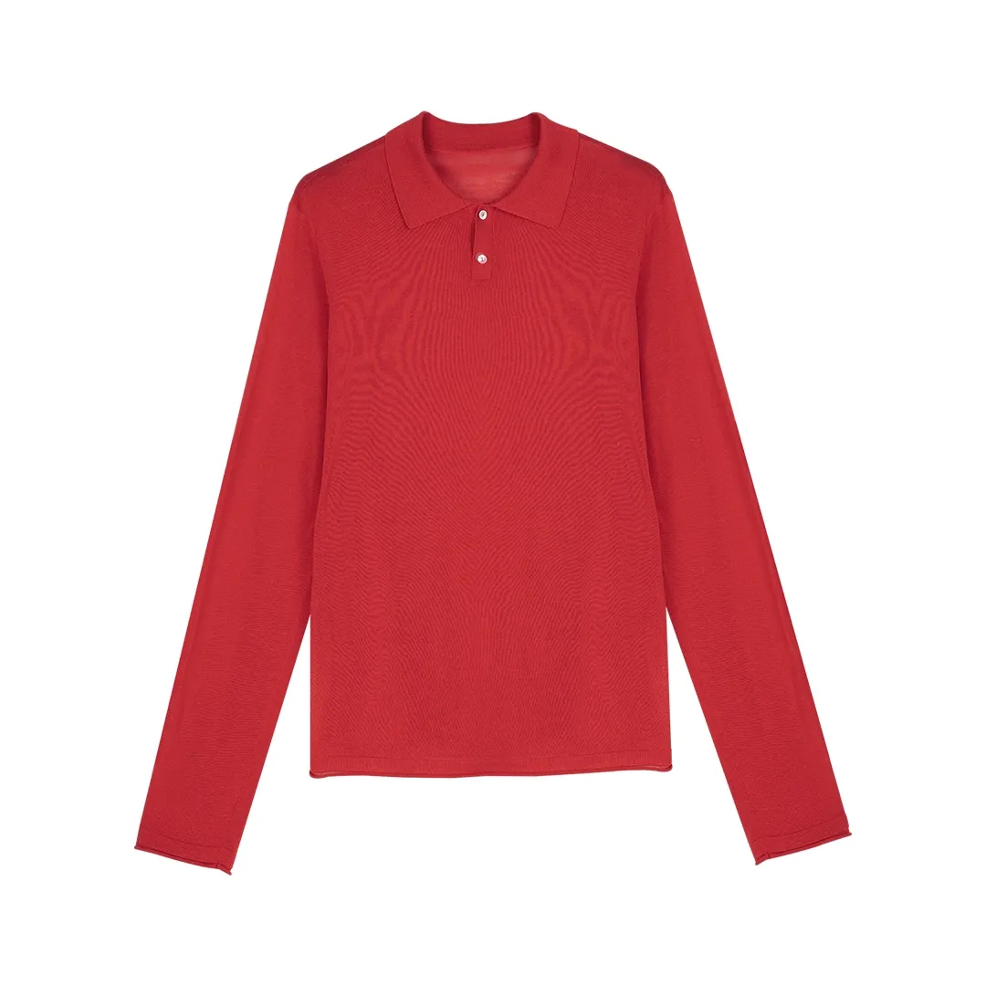 Semi-Sheer Fine-Knit Long-Sleeve Polo - Image 7