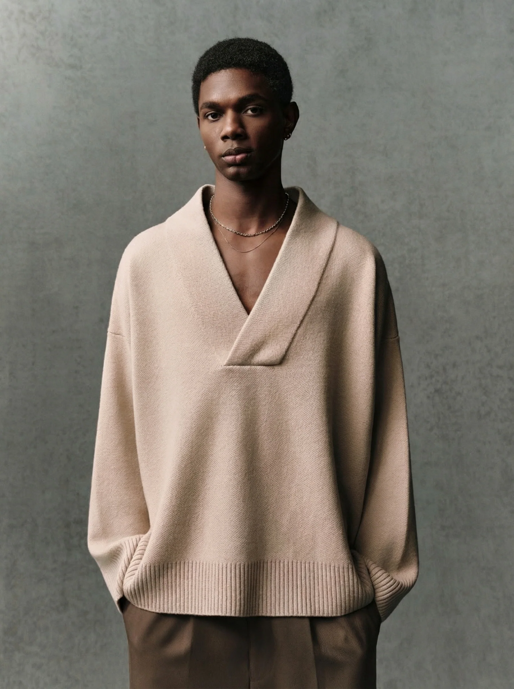 Shawl Collar V Sweater - Image 4