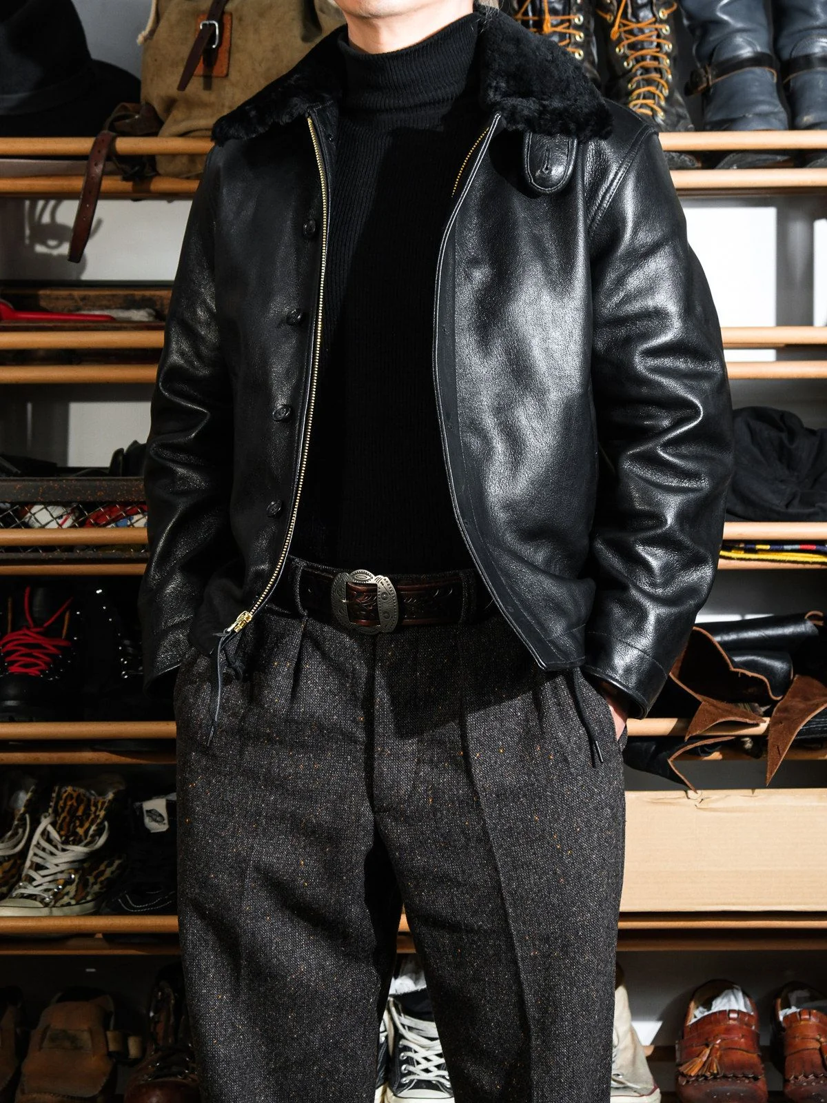 Shearling Collar Leather Jacket