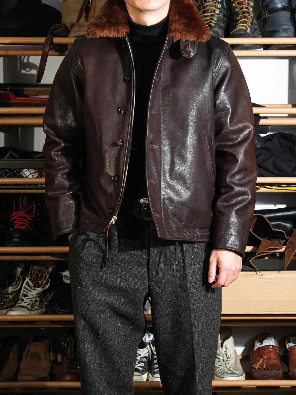 Shearling Collar Leather Jacket - Image 2