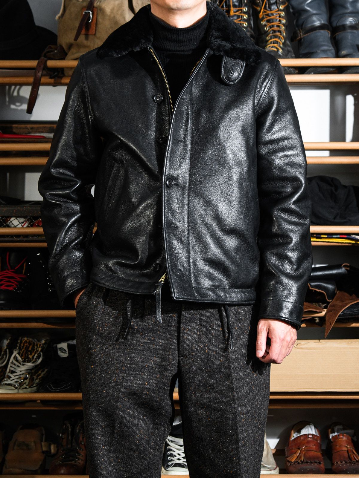 Shearling Collar Leather Jacket - Image 3