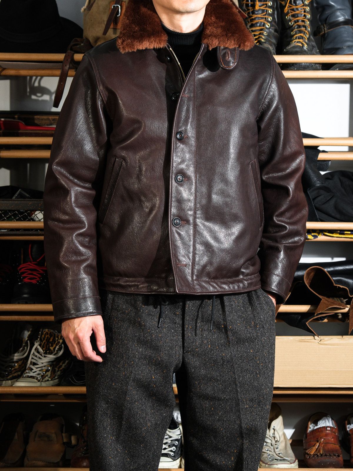 Shearling Collar Leather Jacket - Image 4