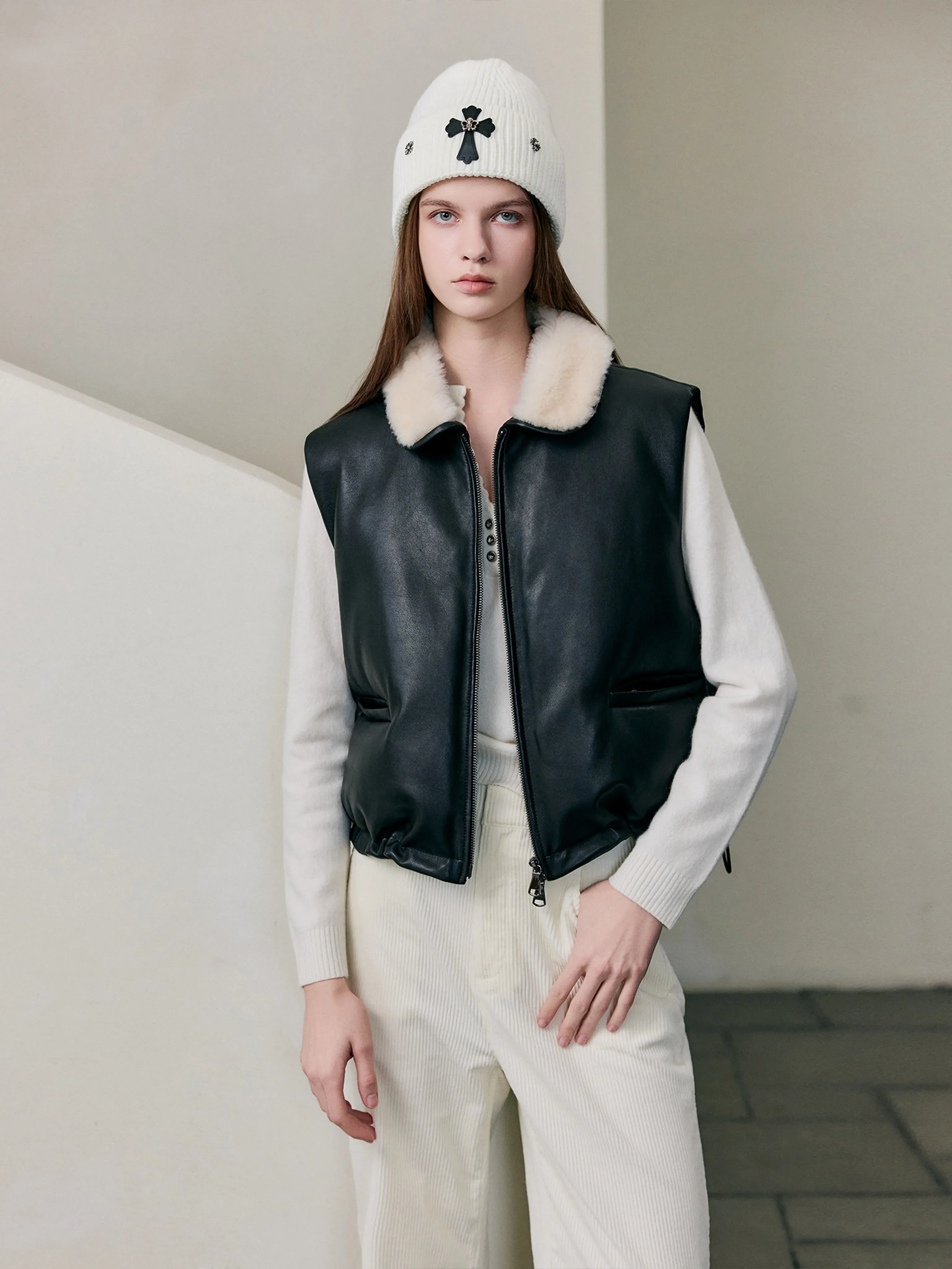 Shearling Collar Leather Vest - Image 2