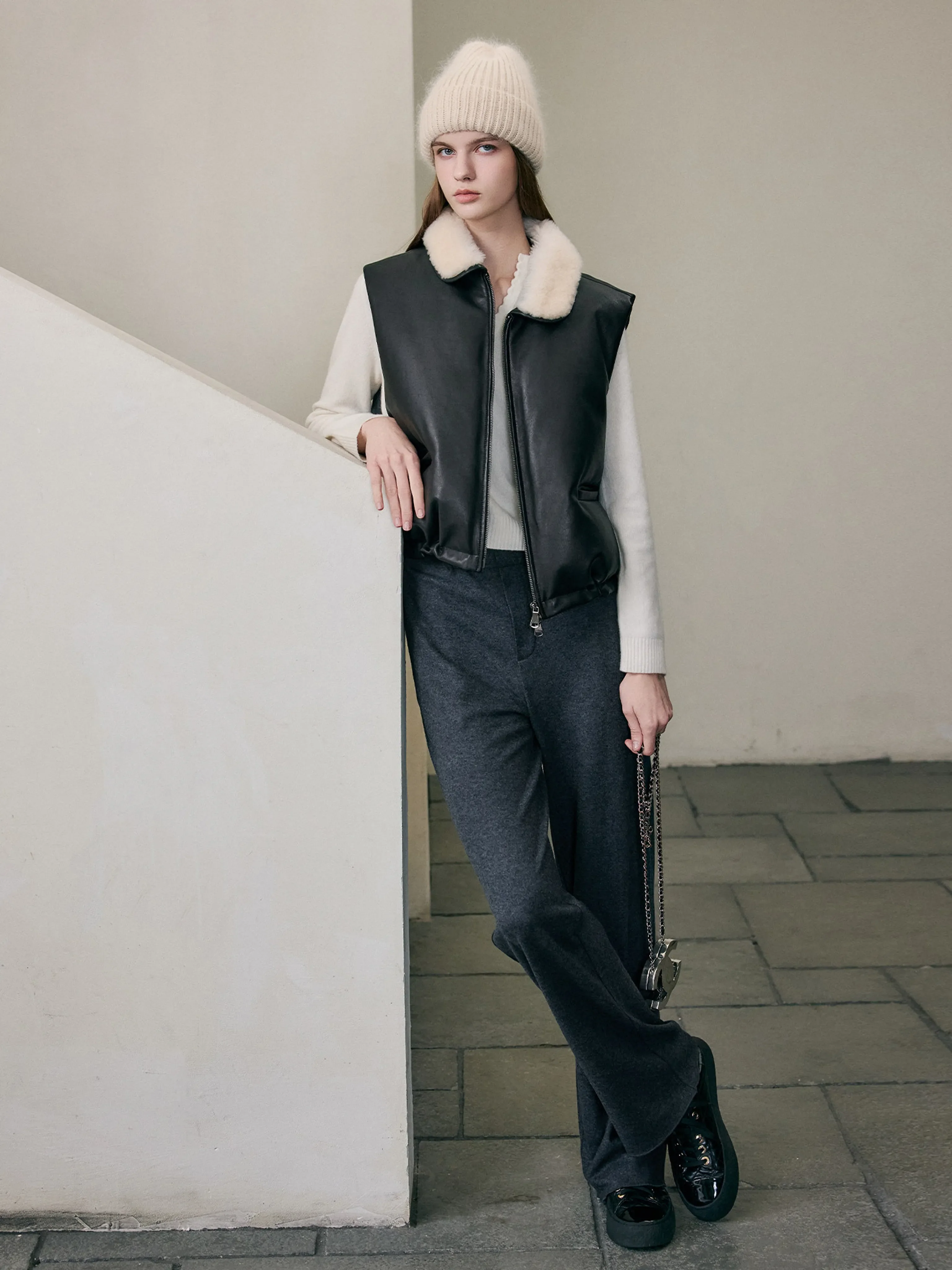 Shearling Collar Leather Vest - Image 3