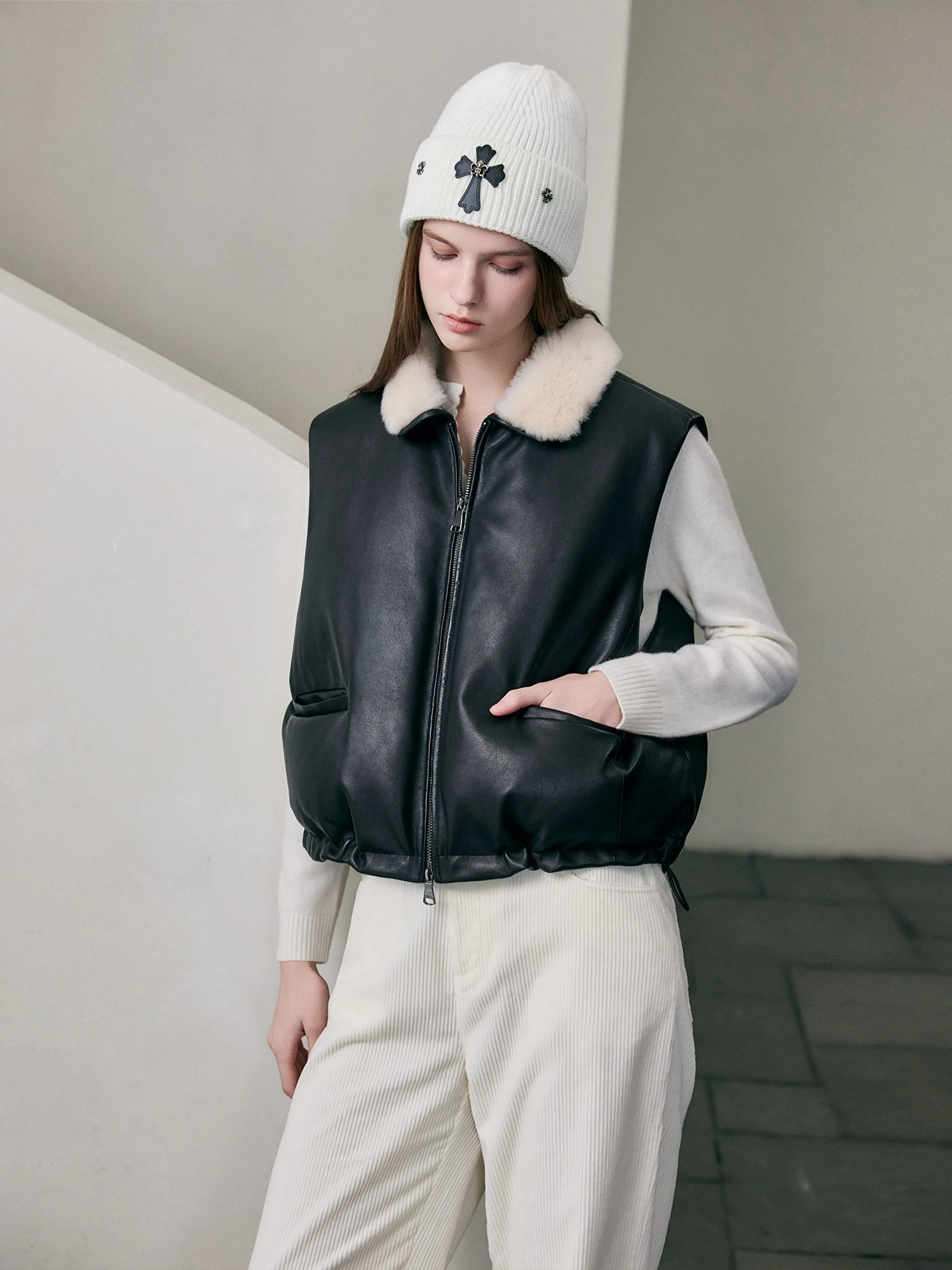 Shearling Collar Leather Vest - Image 4