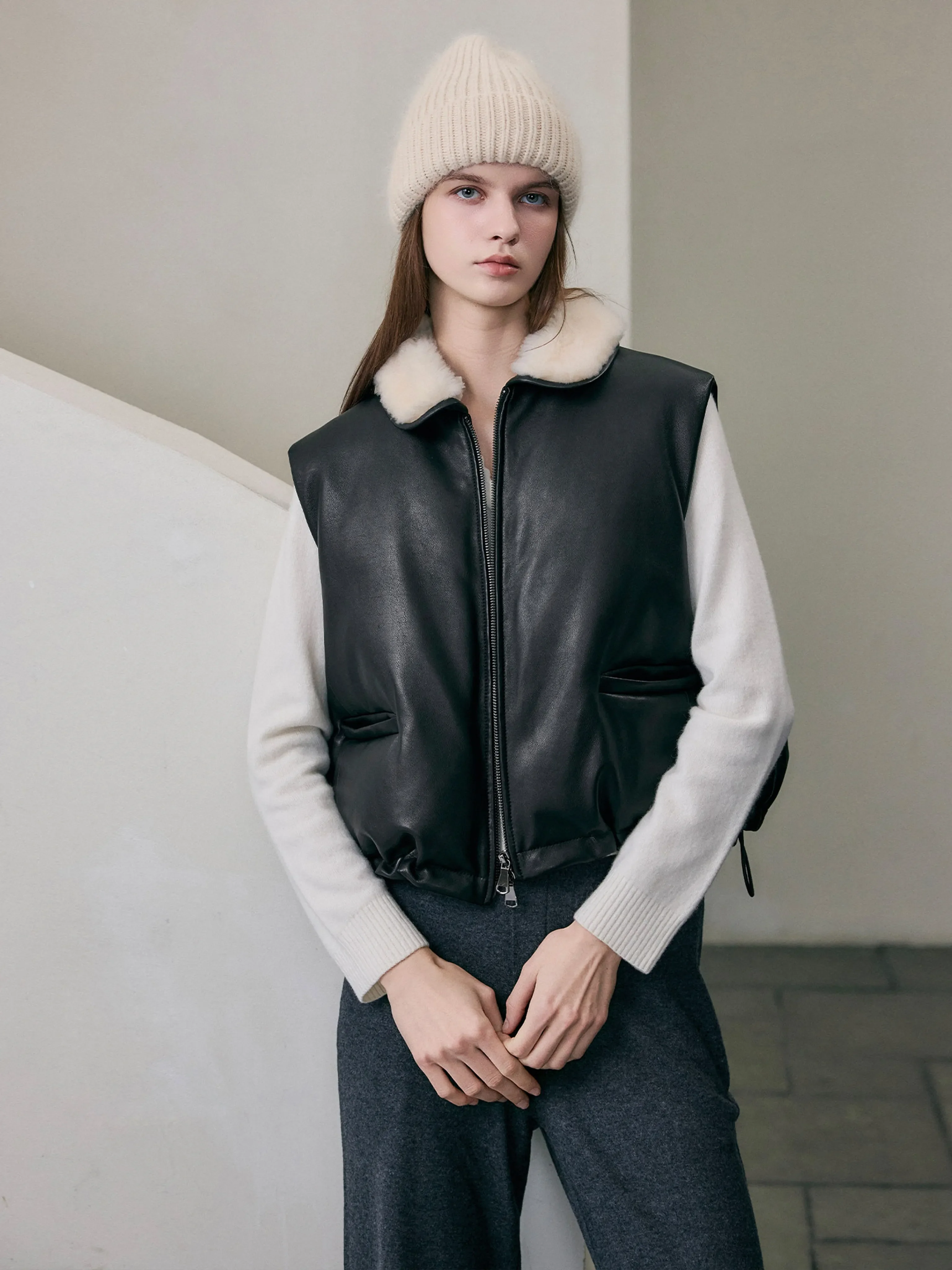 Shearling Collar Leather Vest - Image 5
