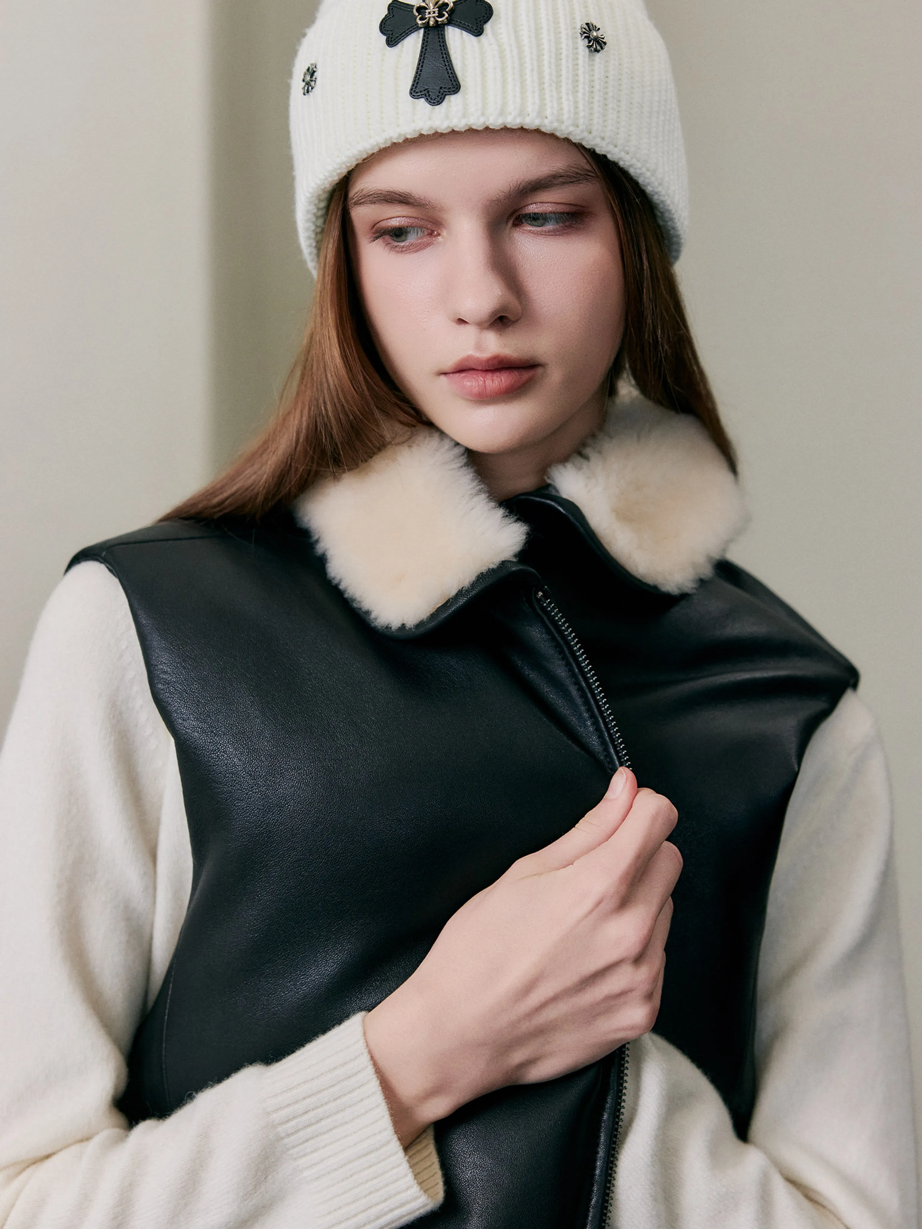 Shearling Collar Leather Vest - Image 6