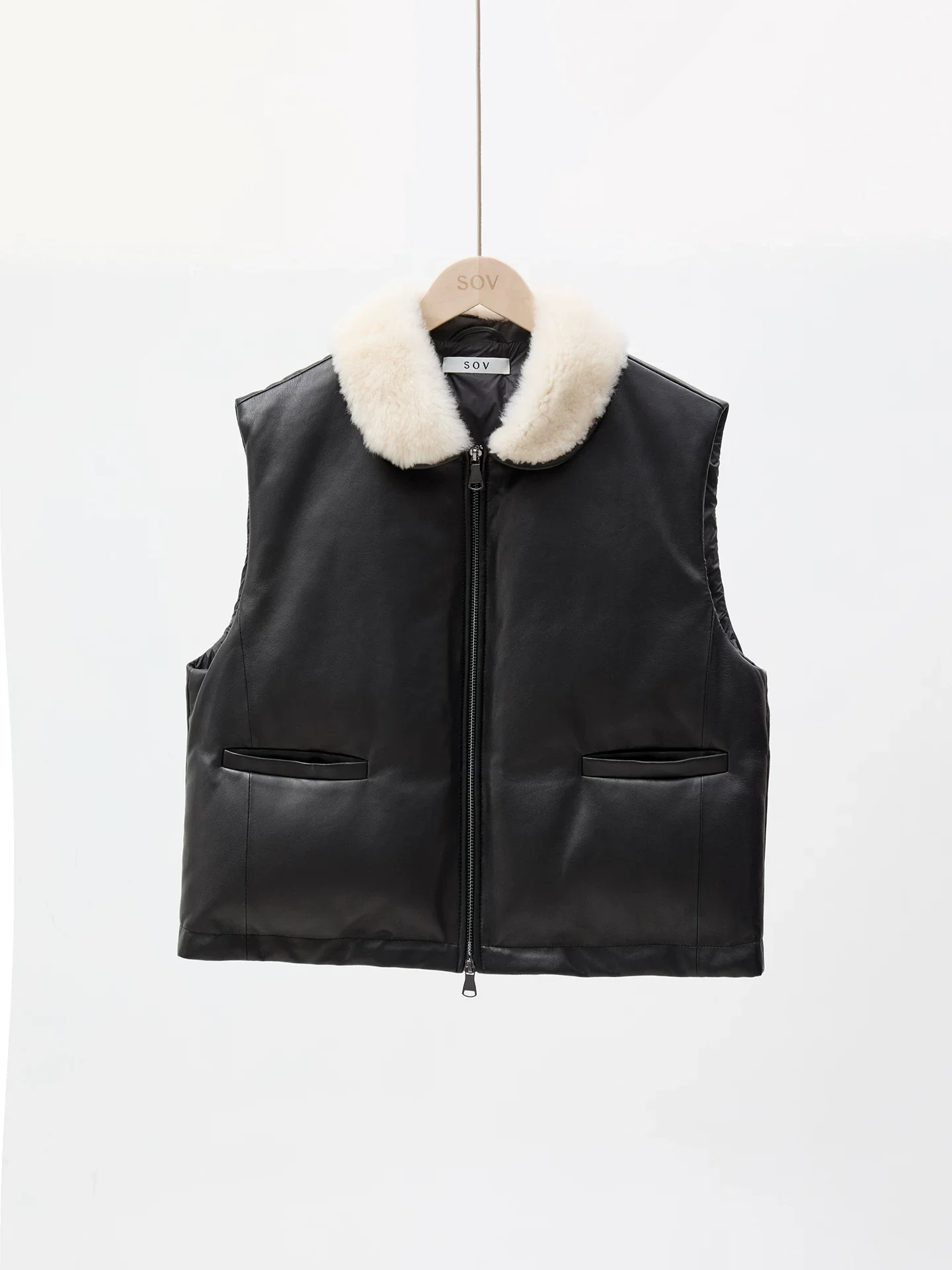 Shearling Collar Leather Vest - Image 7