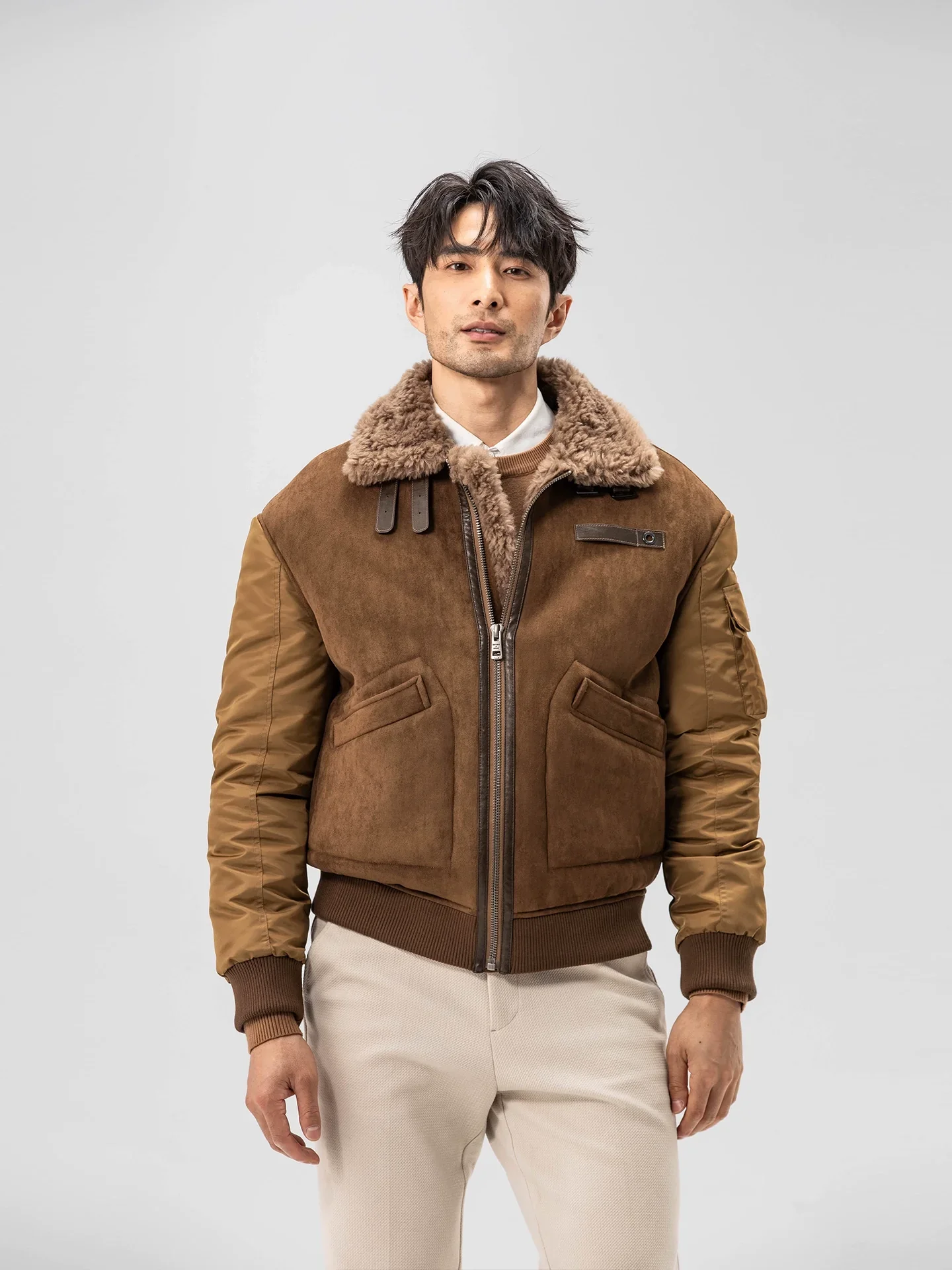 Shearling-Collar Mixed-Media Bomber