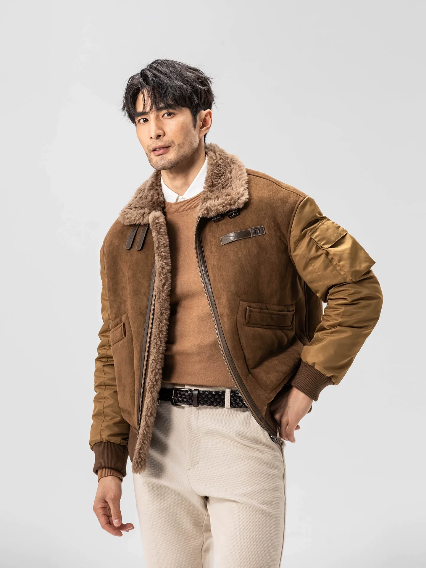 Shearling-Collar Mixed-Media Bomber - Image 2