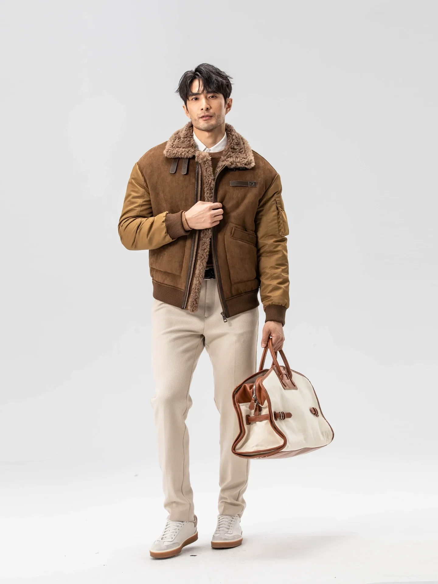 Shearling-Collar Mixed-Media Bomber - Image 3