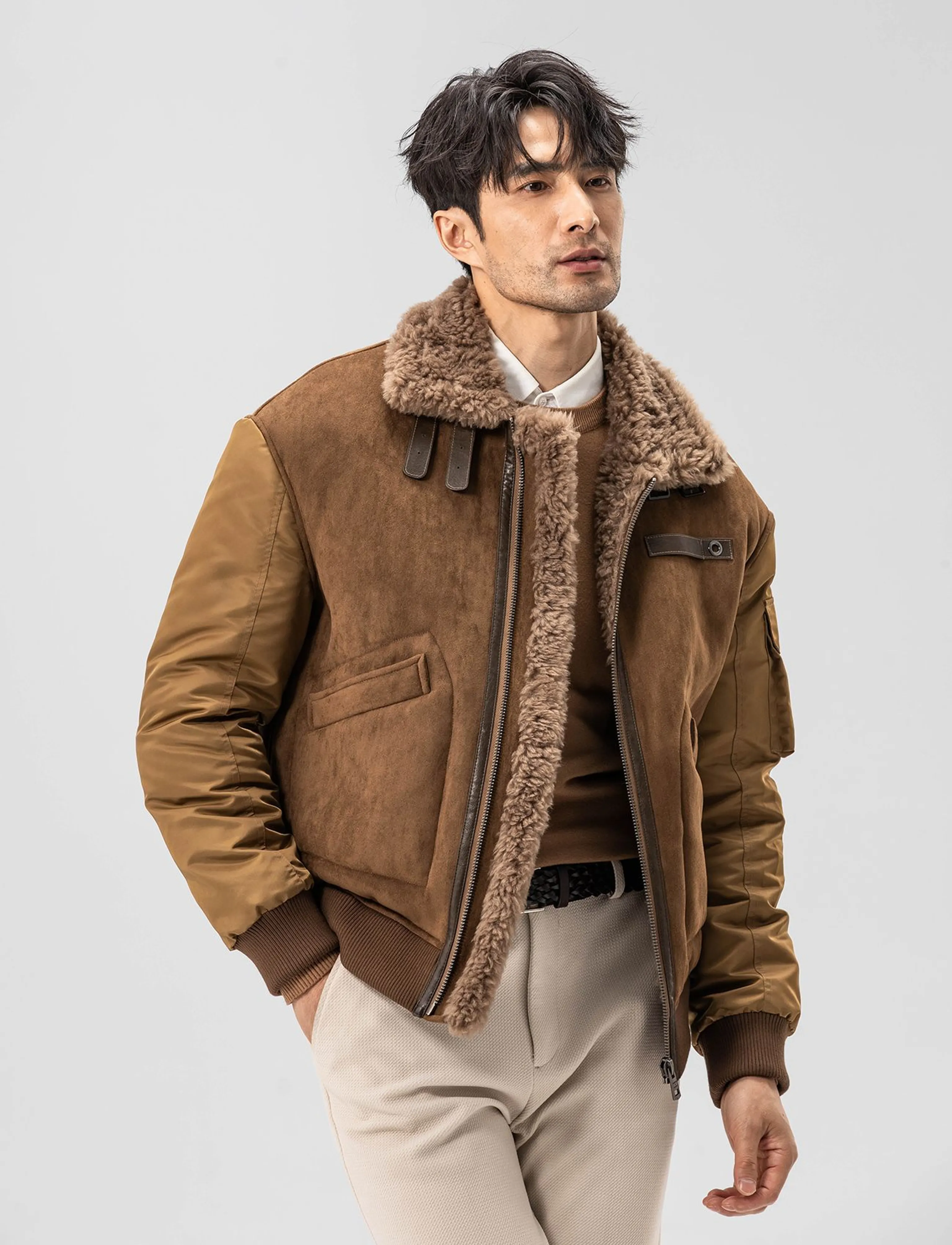 Shearling-Collar Mixed-Media Bomber - Image 5